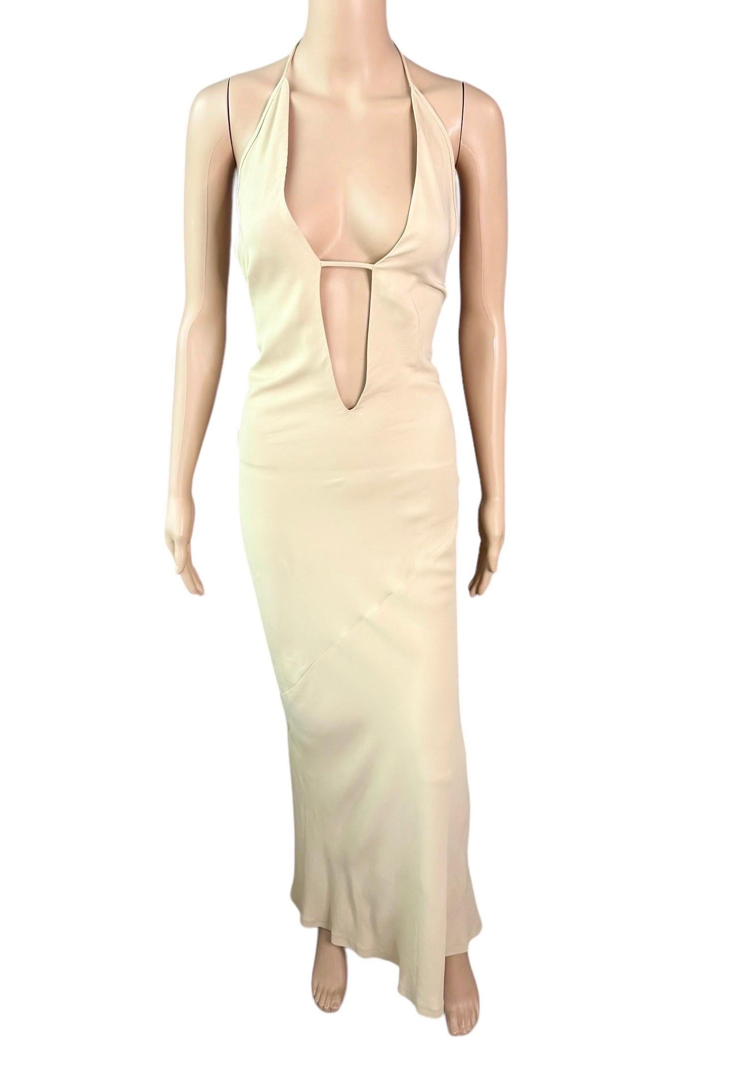 White Tom Ford for Gucci 1997 Plunging Backless Slip Halter Maxi Evening Dress Gown