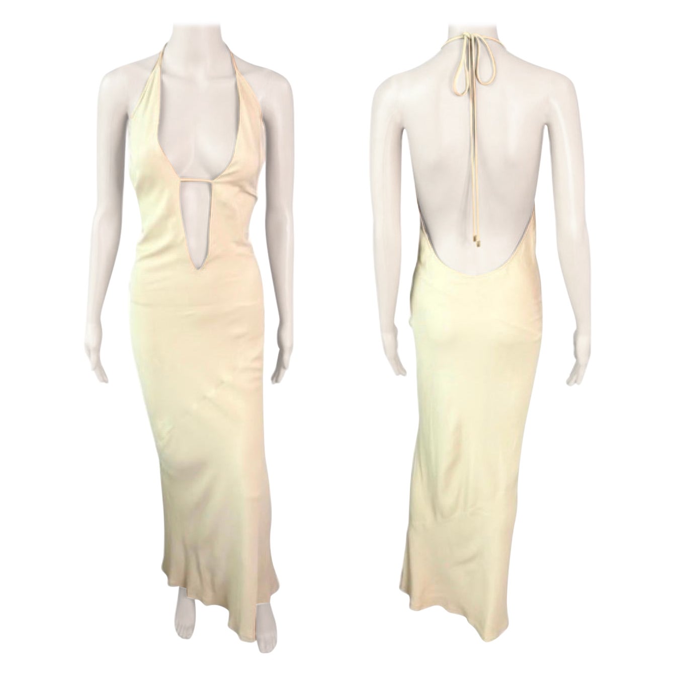 Tom Ford for Gucci 1997 Plunging Backless Slip Halter Maxi Evening Dress Gown