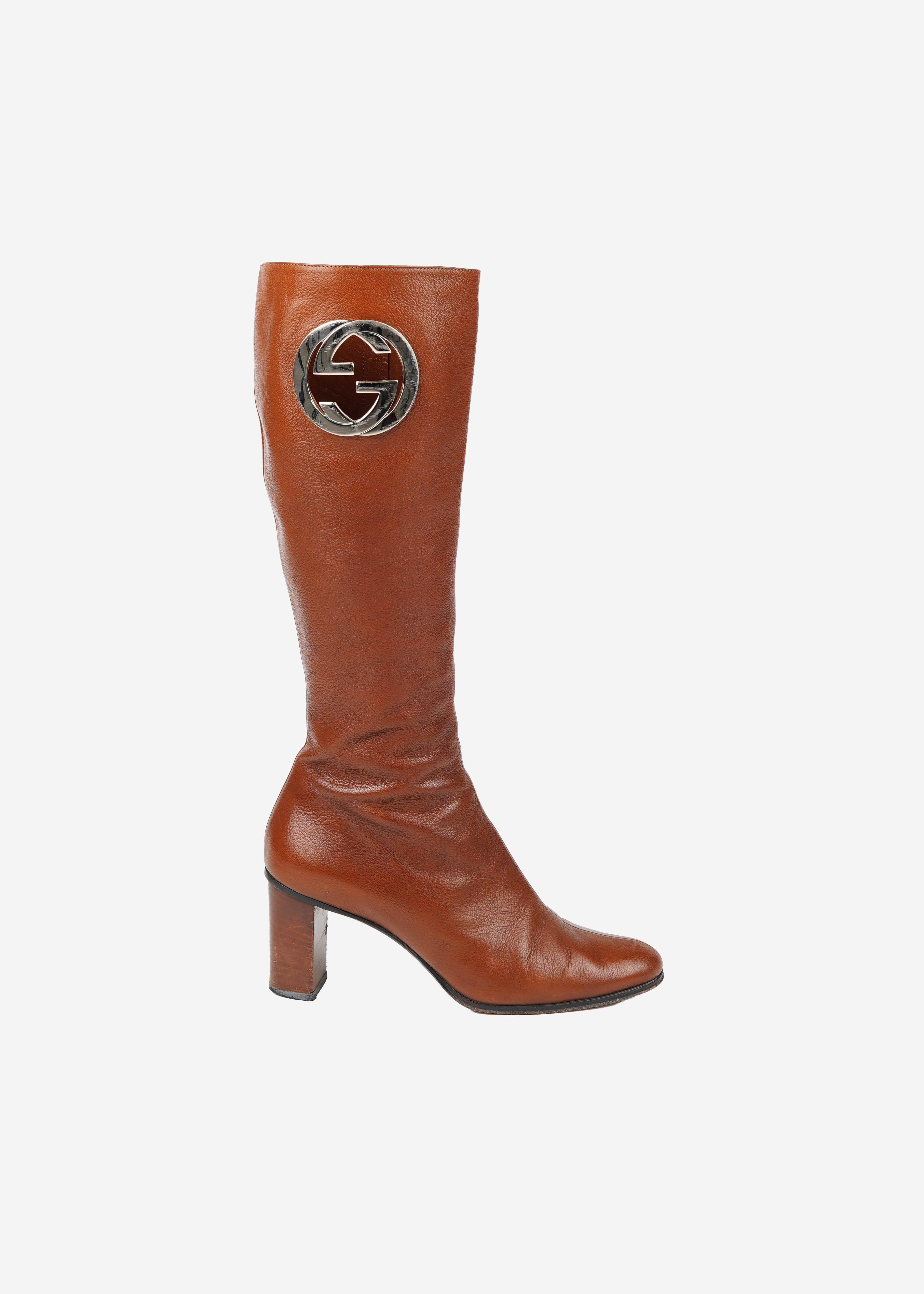 Tom Ford for Gucci 1999 Brown Leather Knee-High Boots with GG Logo