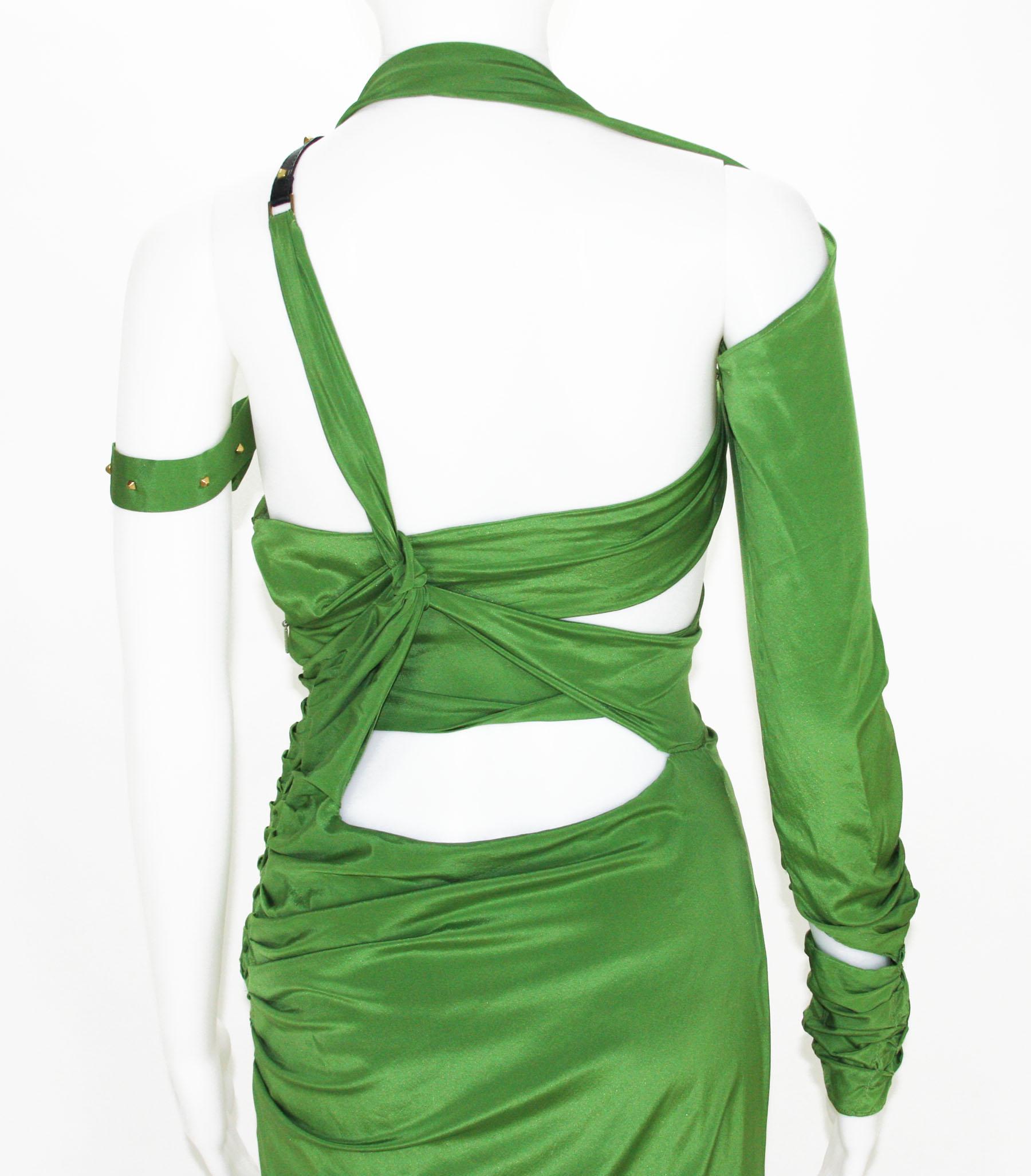 Tom Ford for Gucci 2003 Collection Silk Green Bondage Cut-Out Dress Gown  In Excellent Condition For Sale In Montgomery, TX
