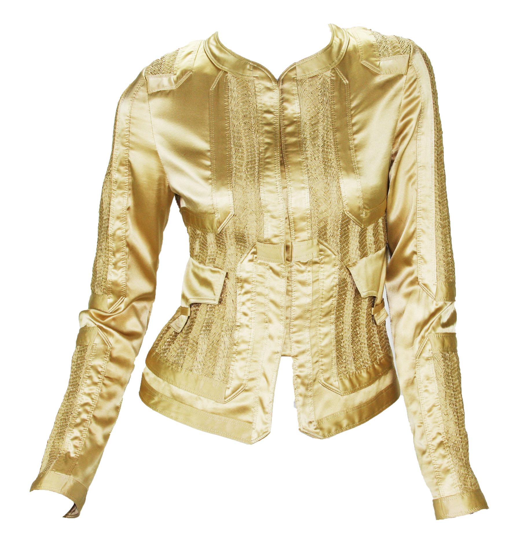 Tom Ford for Gucci Silk Gold Dress Limited Edition Jacket
2004 Collection
Designer size 40
Gold Silk Very Rare Jacket, Stretch Unique Insert Panels, Two Front Pockets ( still closed ), Hooks Closure at Front and Sleeves, Partly Lined. 
Measurements: