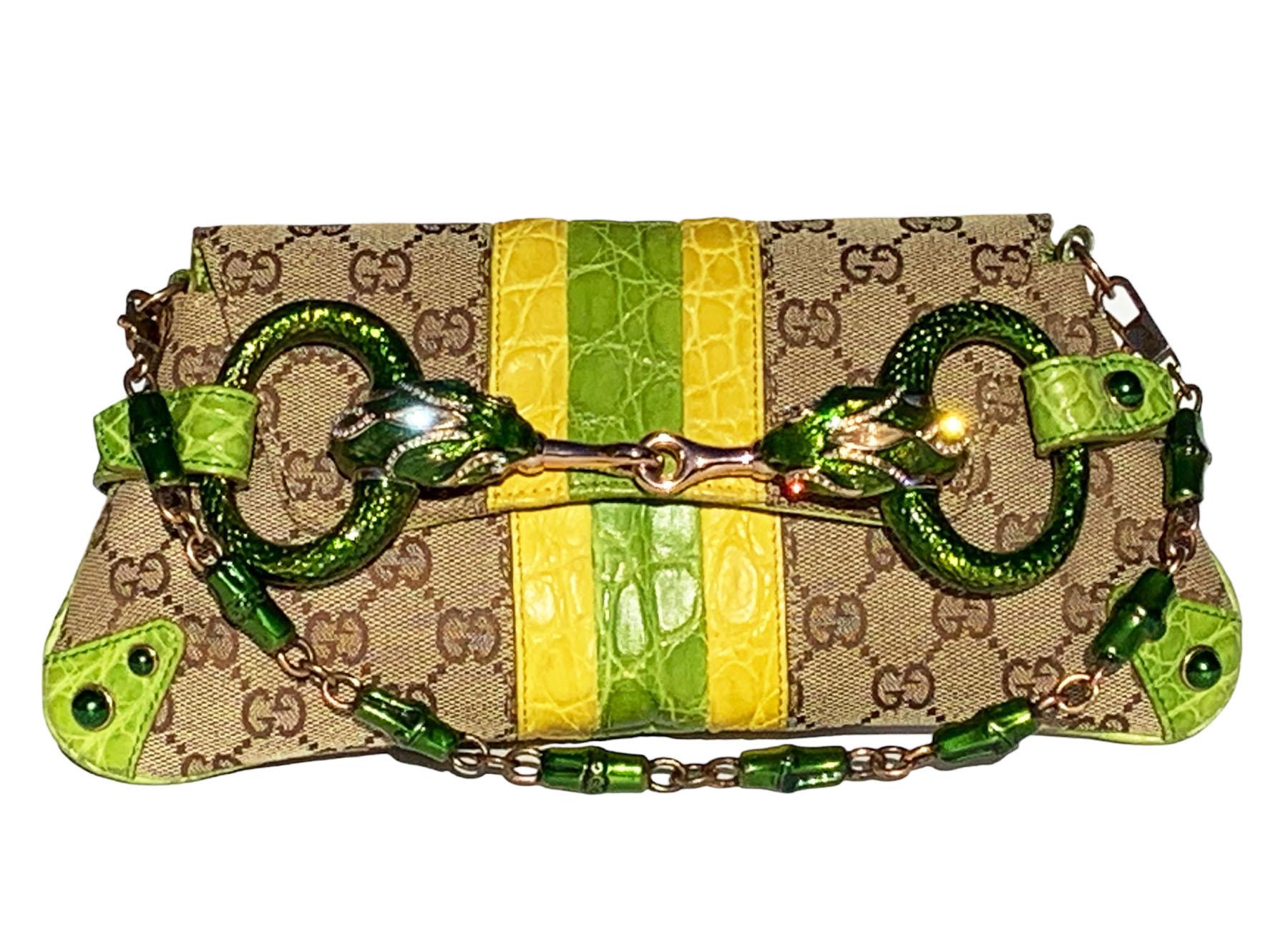  Tom Ford for GUCCI 2004 Crocodile Trimmed Horsebit Jeweled Serpent Clutch Bag In Excellent Condition In Montgomery, TX