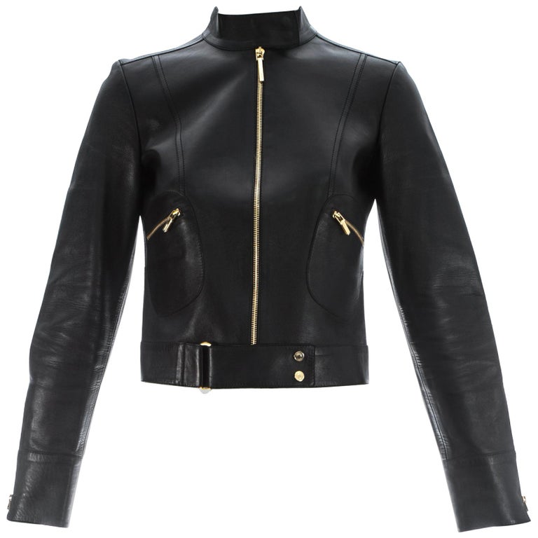 Schwarze Lederjacke von Tom Ford für Gucci mit goldenen Beschlägen, S/S  1999 im Angebot bei 1stDibs