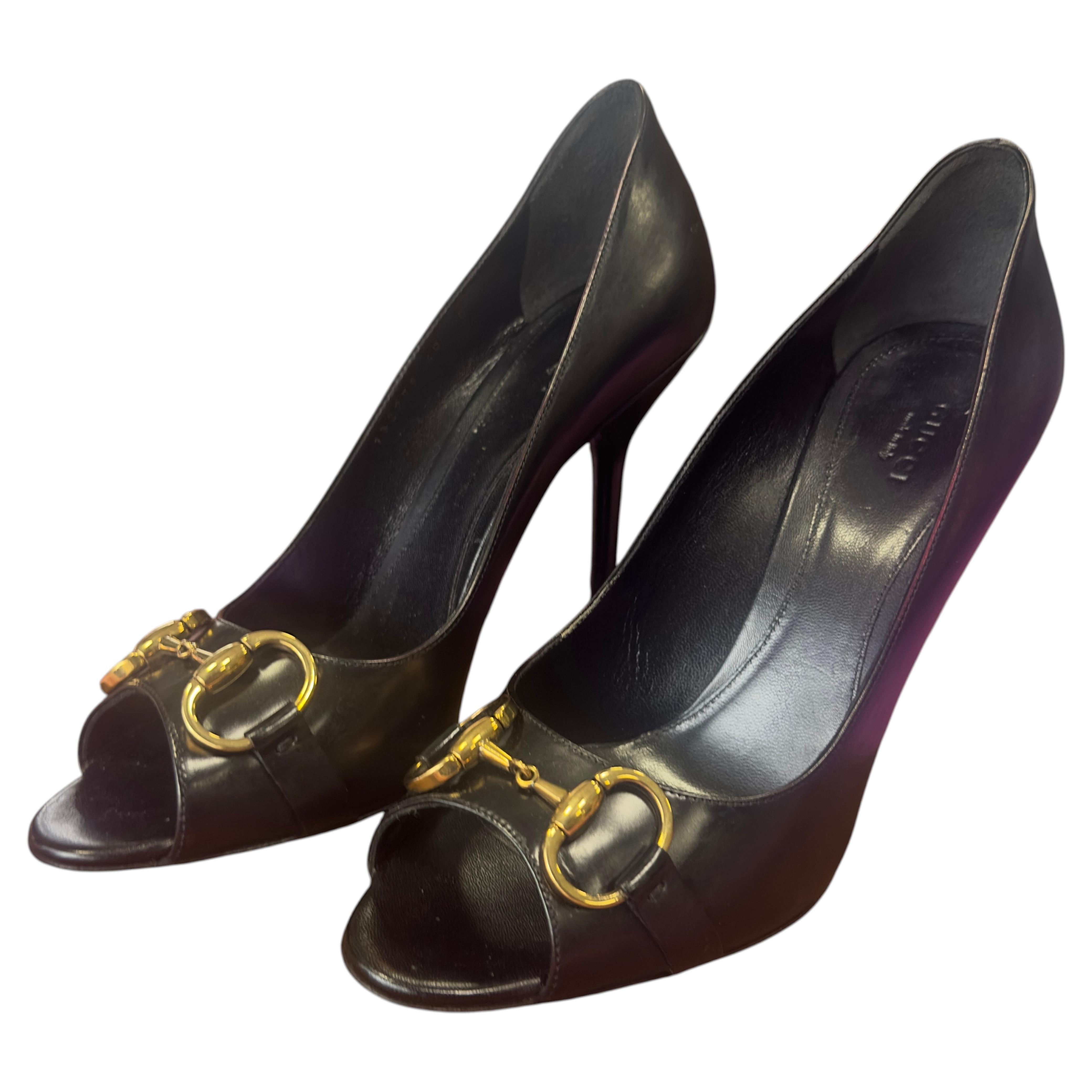 Tom Ford for Gucci Black Leather Horsebit Peep Toe Heels 2000s