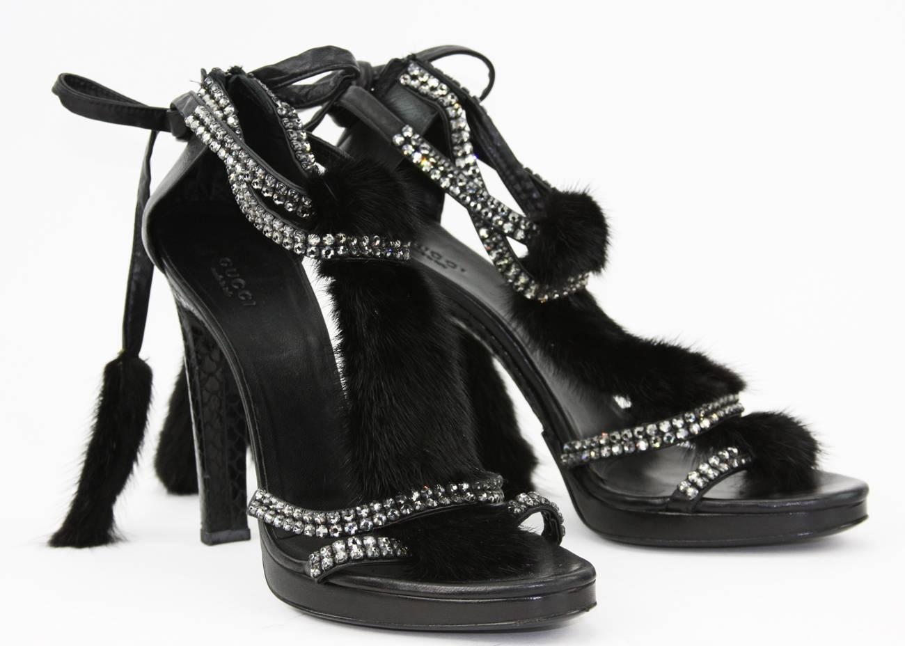Women's Tom Ford for Gucci Black Mink Crystals Snake Leather Platform Shoes Sandals 6 B For Sale
