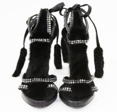 Tom Ford for Gucci Black Mink Crystals Snake Leather Platform Shoes Sandals 9 B