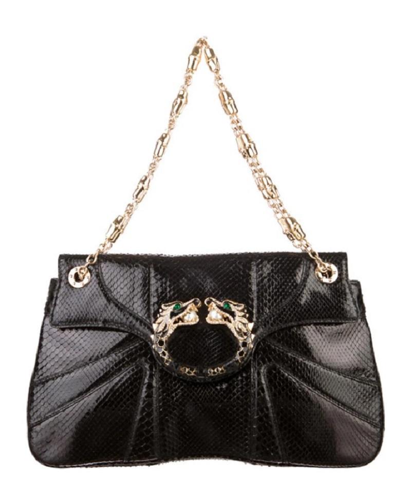 Tom Ford for Gucci Black Python Skin Jeweled Dragon Bamboo Chain Shoulder Bag For Sale 1