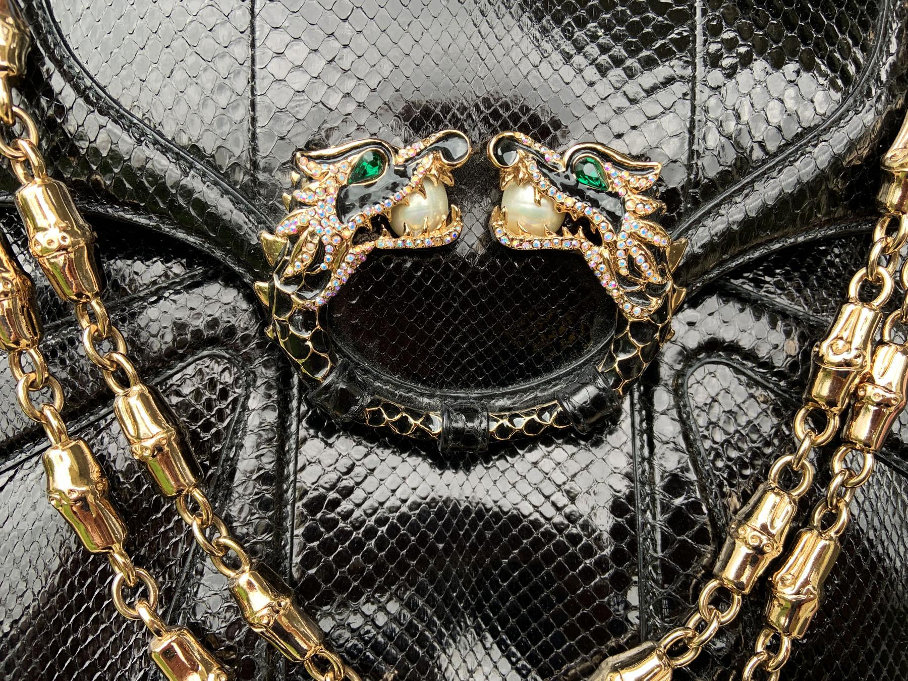 Tom Ford for Gucci Black Python Skin Jeweled Dragon Bamboo Chain Shoulder Bag For Sale 4