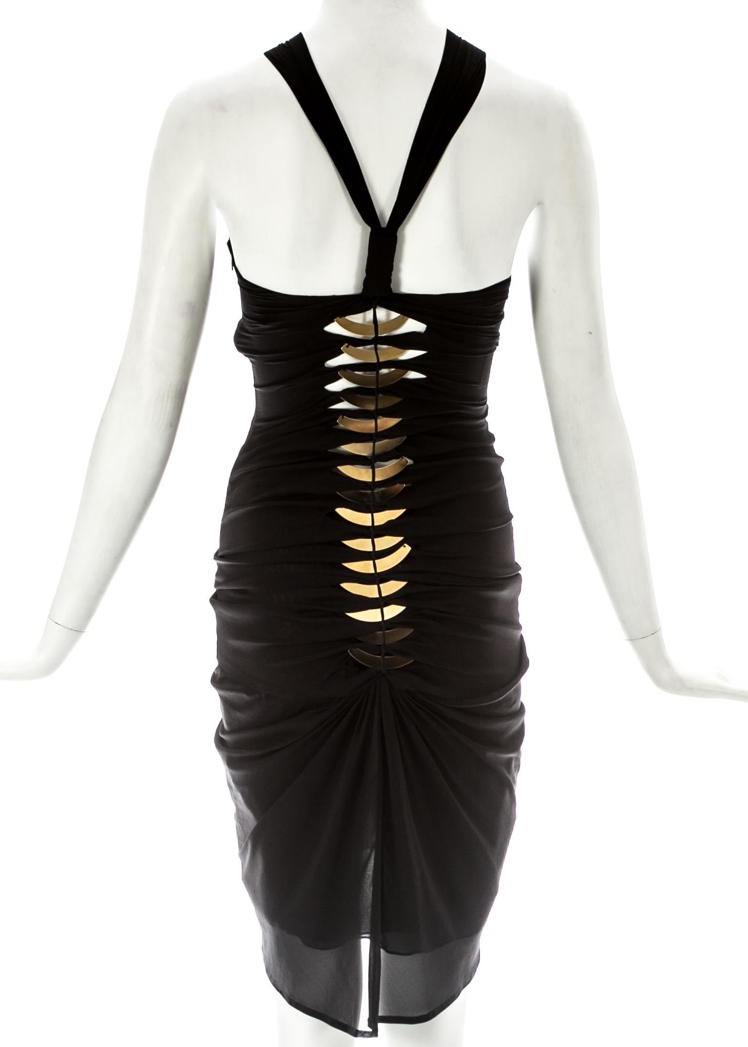 Black Tom Ford for Gucci black silk spandex mini dress with gold metal plates, c. 2004