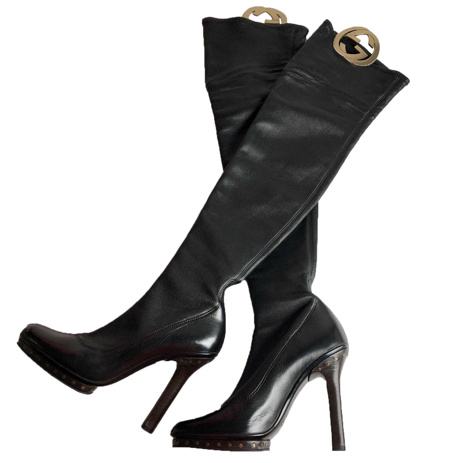 Women's Tom Ford for GUCCI Collectible Over the Knee GG Medallion Leather Boots 39.5 B For Sale