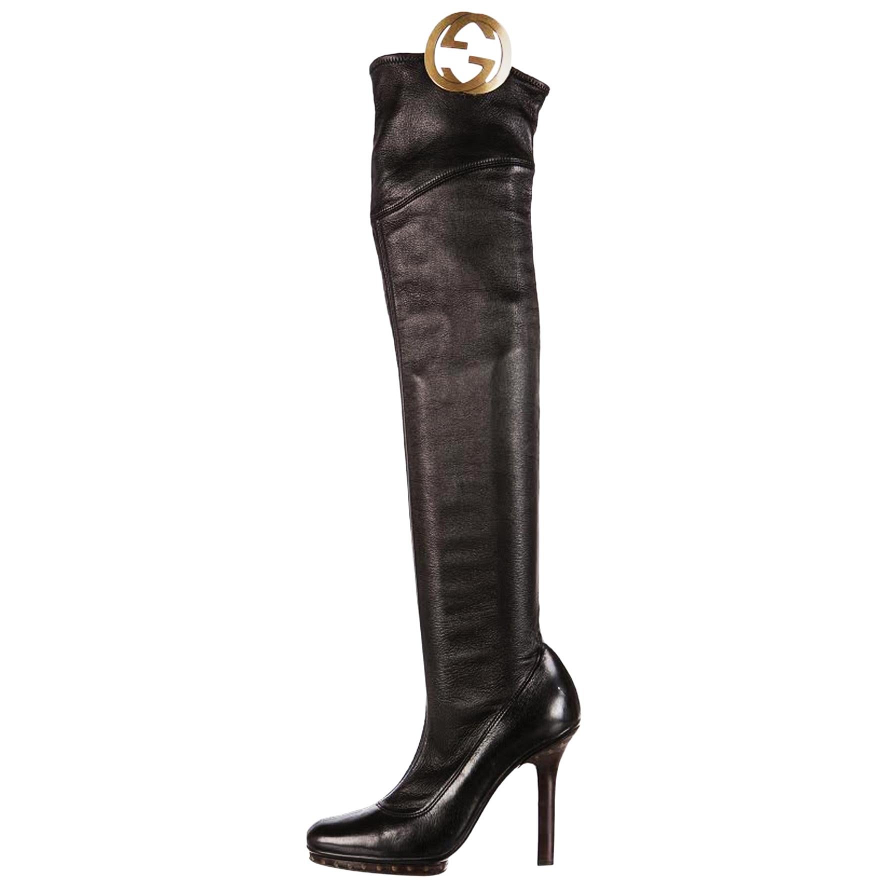 Tom Ford for GUCCI Collectible Over the Knee GG Medallion Leather Boots 39.5 B For Sale