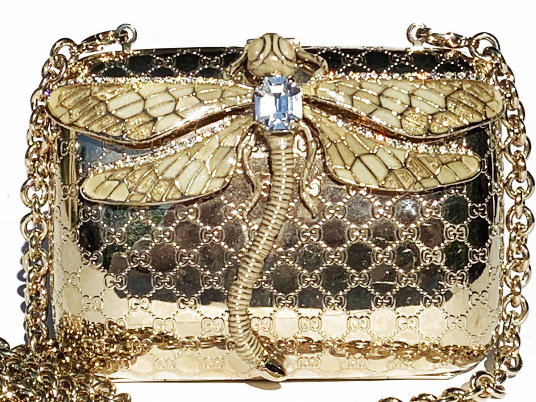 Tom Ford for Gucci Gold Dragonfly Minaudiere in Micro Guccissima Embossed Gold tone Metal and Enamel Clutch
2000