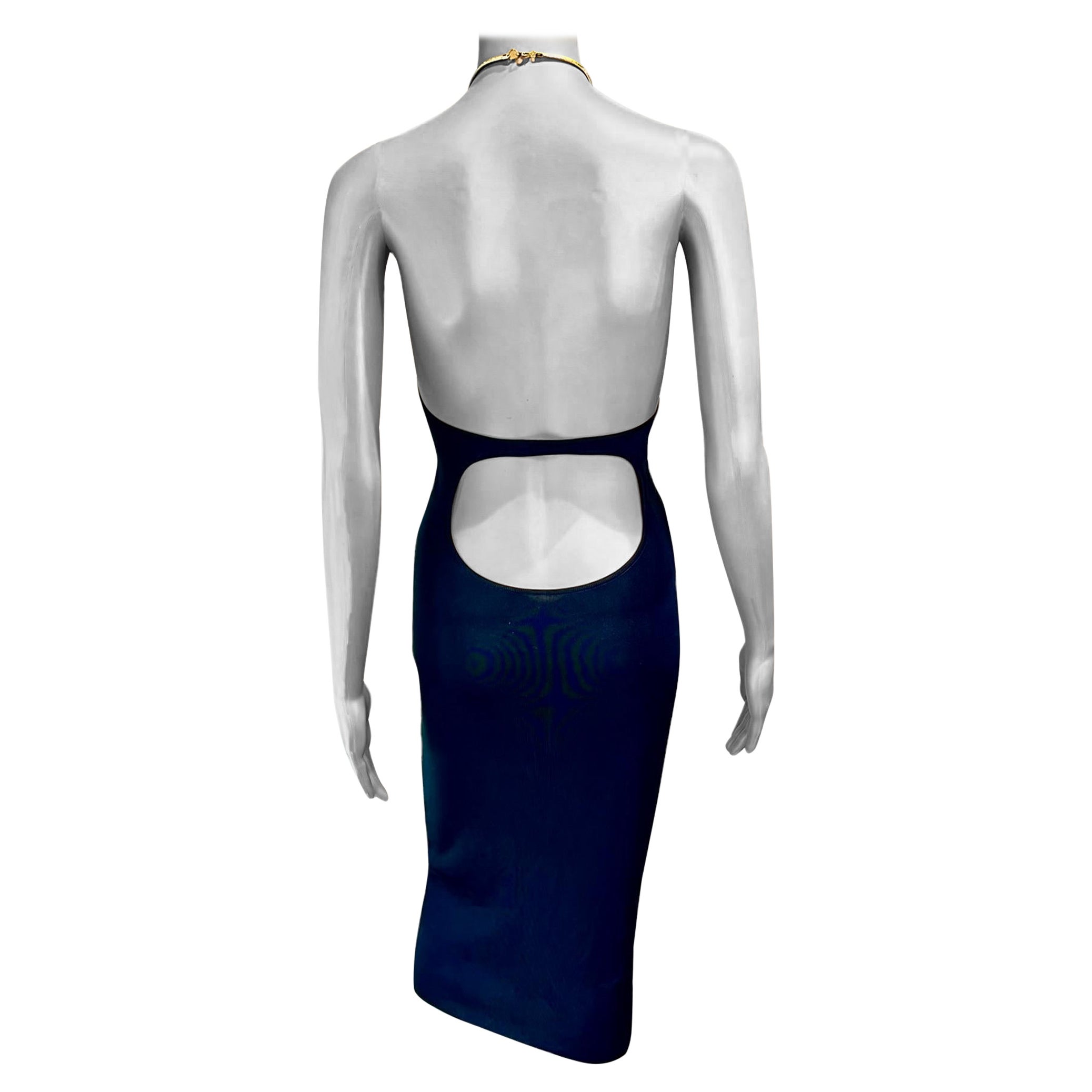 Tom Ford for Gucci F/W 1996 Chain Halter Cutout Bodycon Knit Black Midi Dress