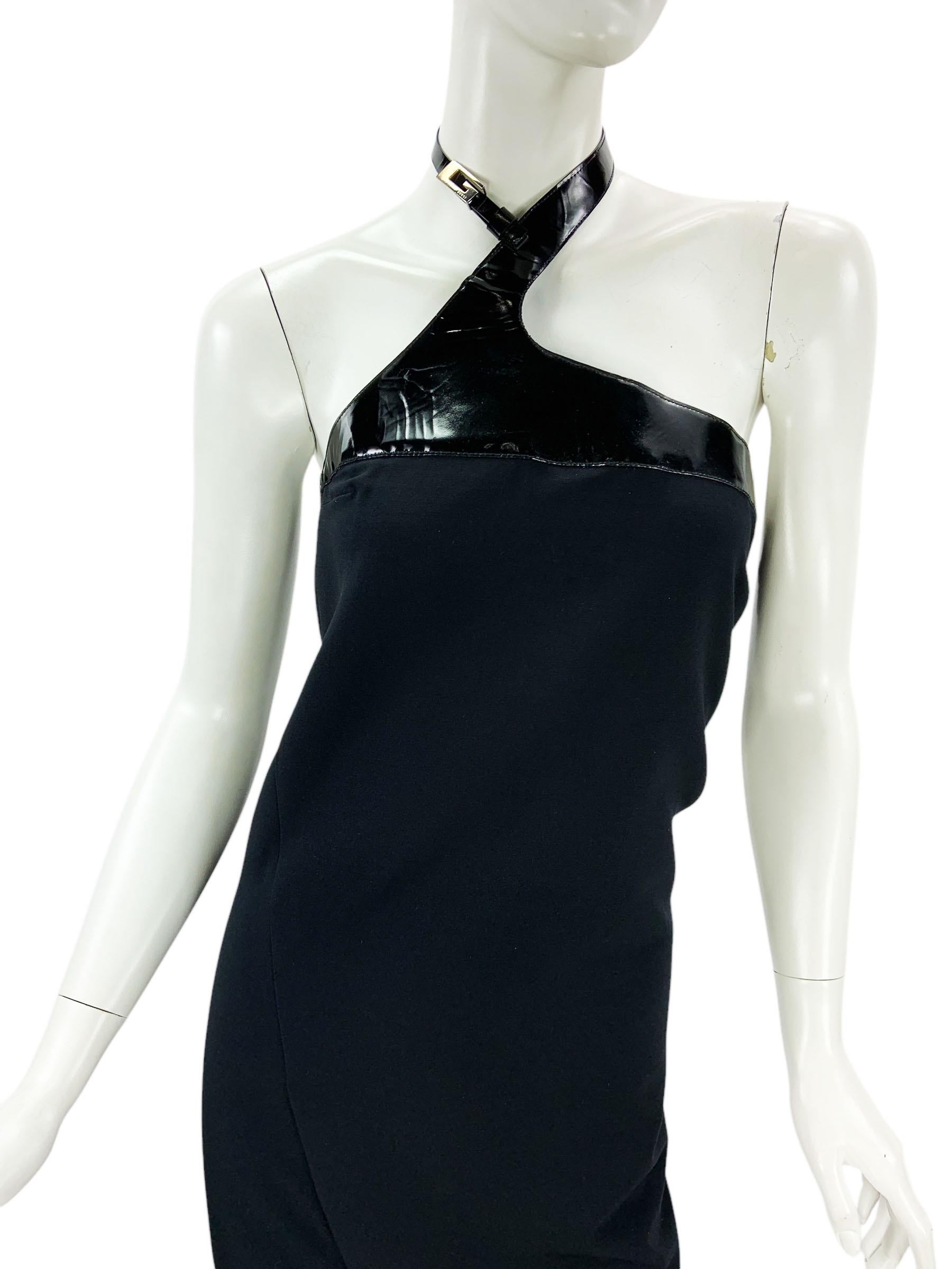 Tom Ford for Gucci F/W 1997 AD Campaign Runway Black Leather G Choker Dress S For Sale 1