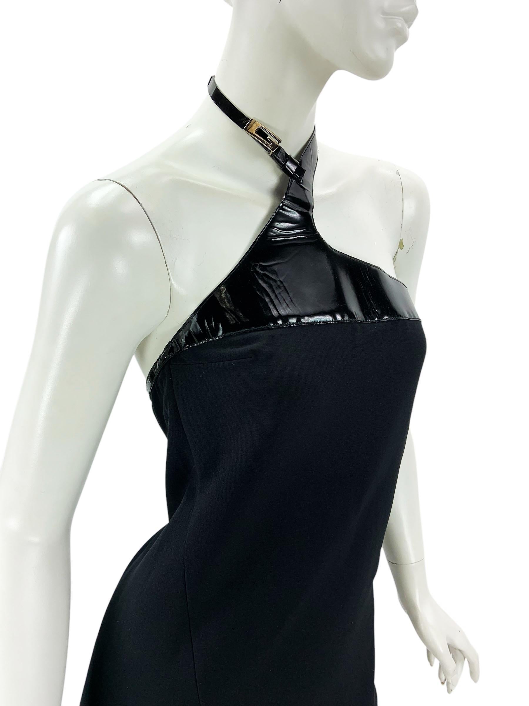 Tom Ford for Gucci F/W 1997 AD Campaign Runway Black Leather G Choker Dress S For Sale 3