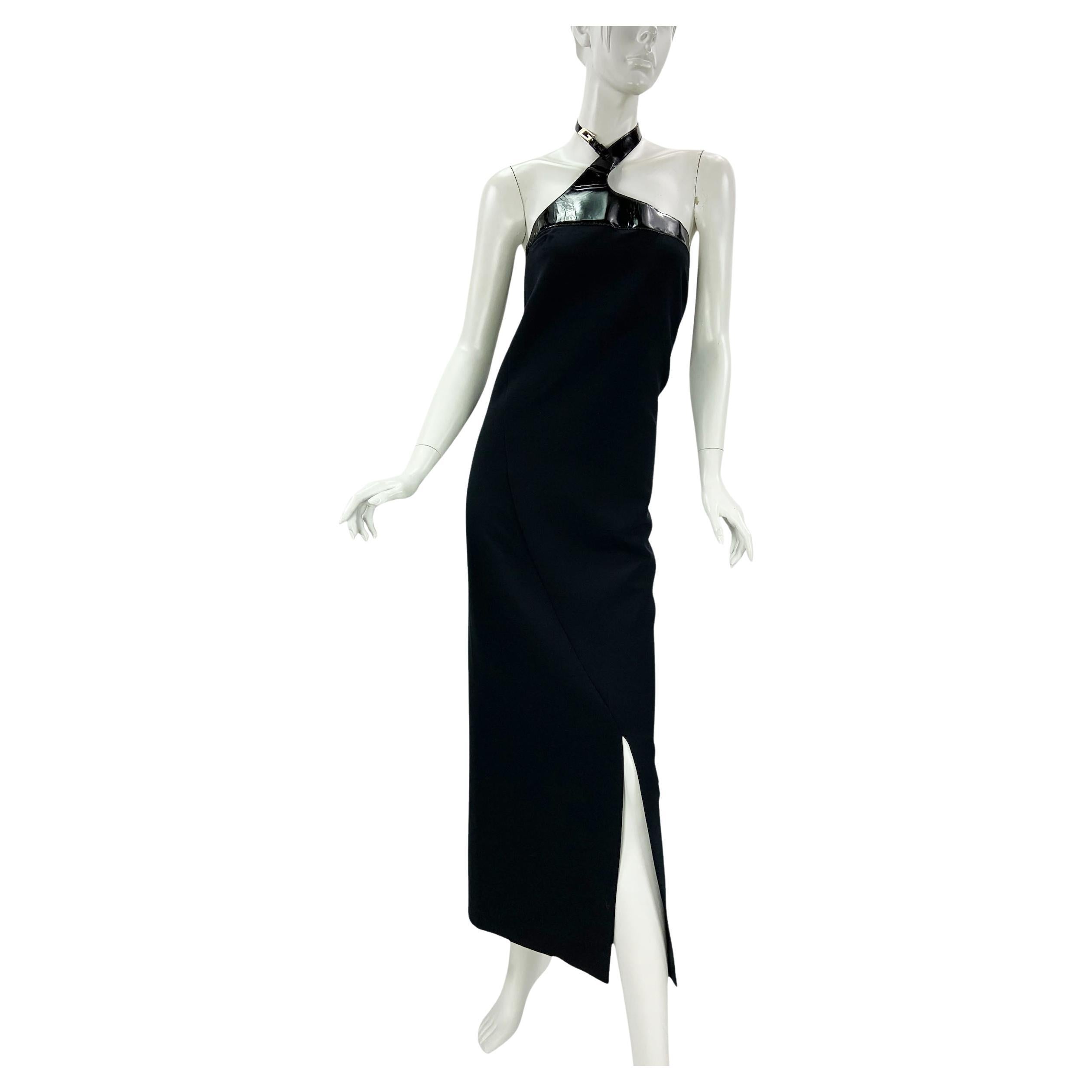 Tom Ford for Gucci F/W 1997 AD Campaign Runway Black Leather G Choker Dress S For Sale