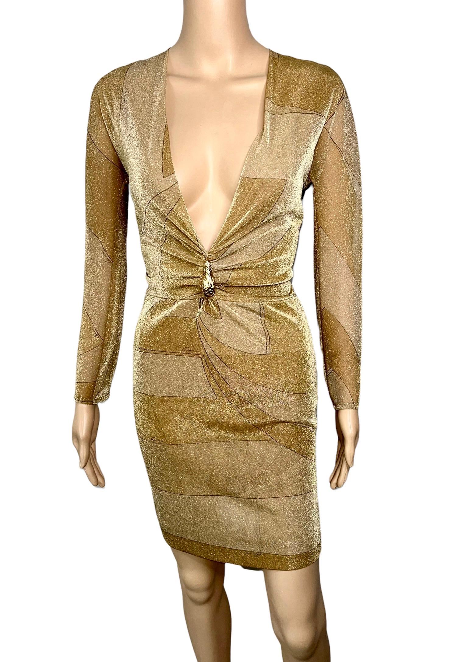 Tom Ford for Gucci F/W 2000 Runway Plunged Neckline Metallic Knit Mini Dress In Excellent Condition For Sale In Naples, FL