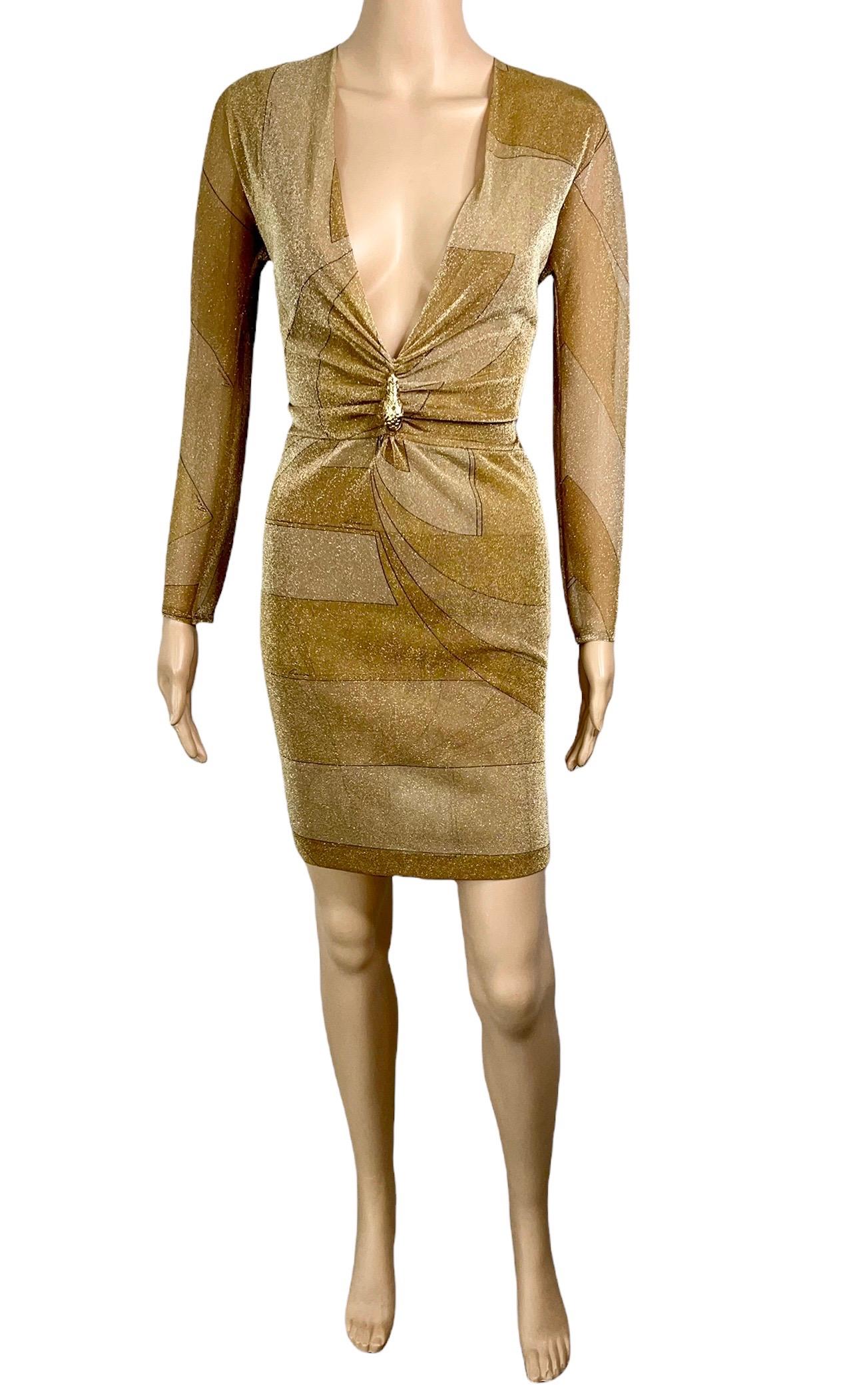 Tom Ford for Gucci F/W 2000 Runway Plunged Neckline Metallic Knit Mini Dress For Sale 1