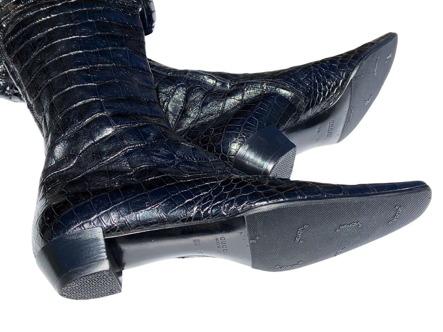 Tom Ford for Gucci F/W 2001 Alligator Soft & Shiny Skin Over Knee Black Boots 38 For Sale 7