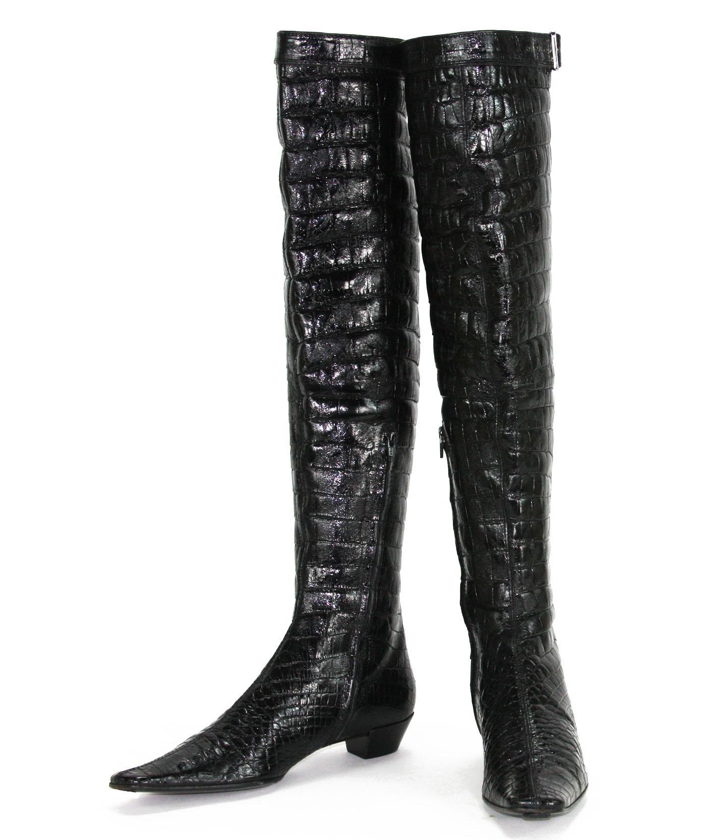 Women's Tom Ford for Gucci F/W 2001 Alligator Soft & Shiny Skin Over Knee Black Boots 38 For Sale