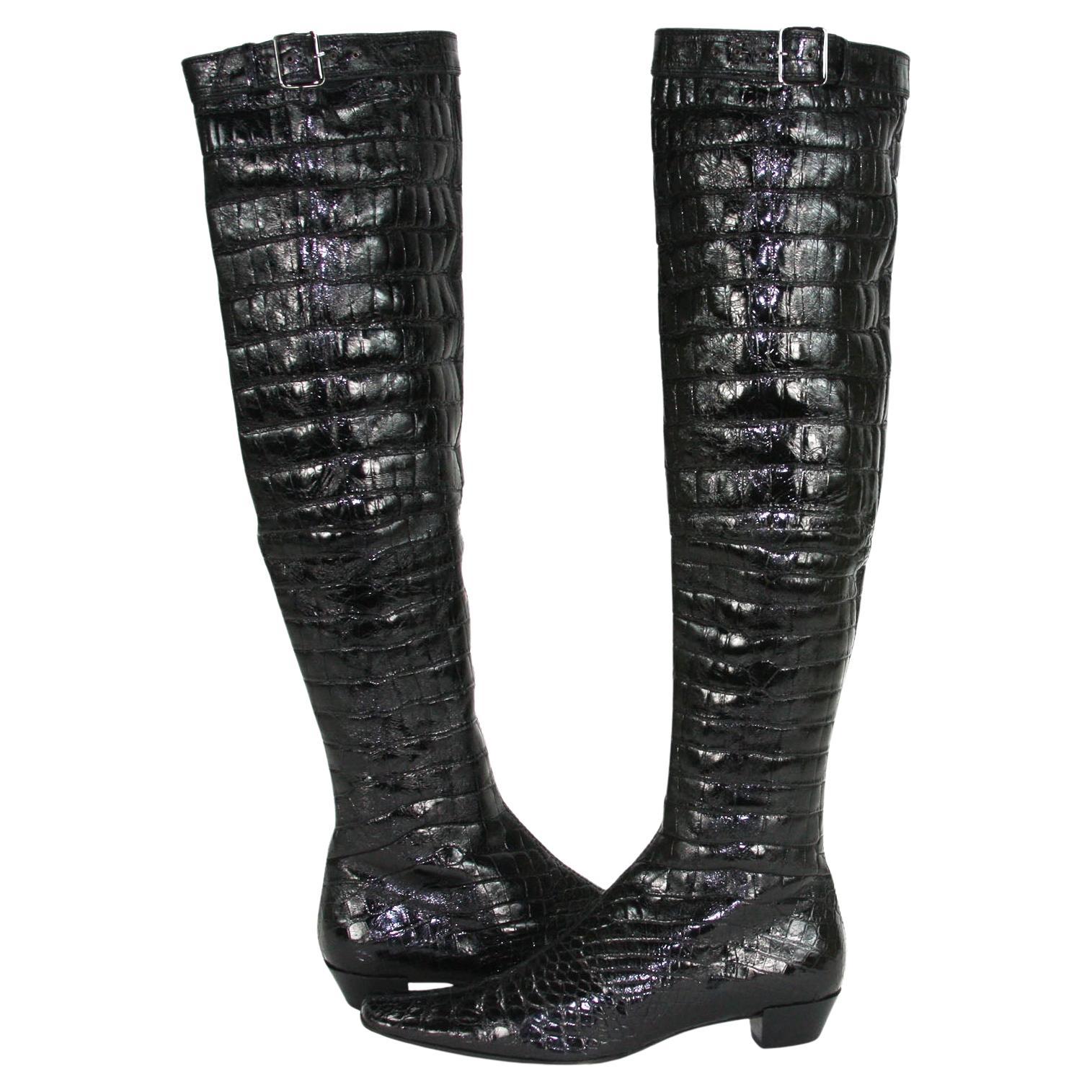 Tom Ford for Gucci F/W 2001 Alligator Soft & Shiny Skin Over Knee Black Boots 38 For Sale