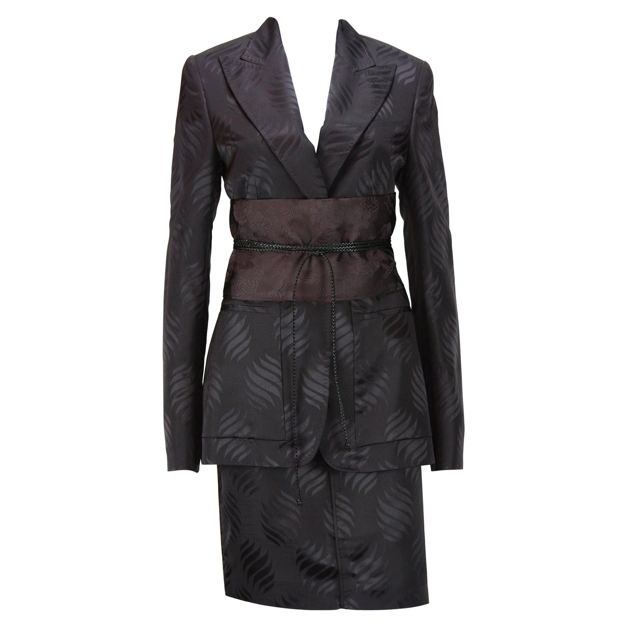 Tom Ford for Gucci F/W 2002 Brown Silk Kimono Skirt Suit Obi Belt It 44 - US 8 For Sale