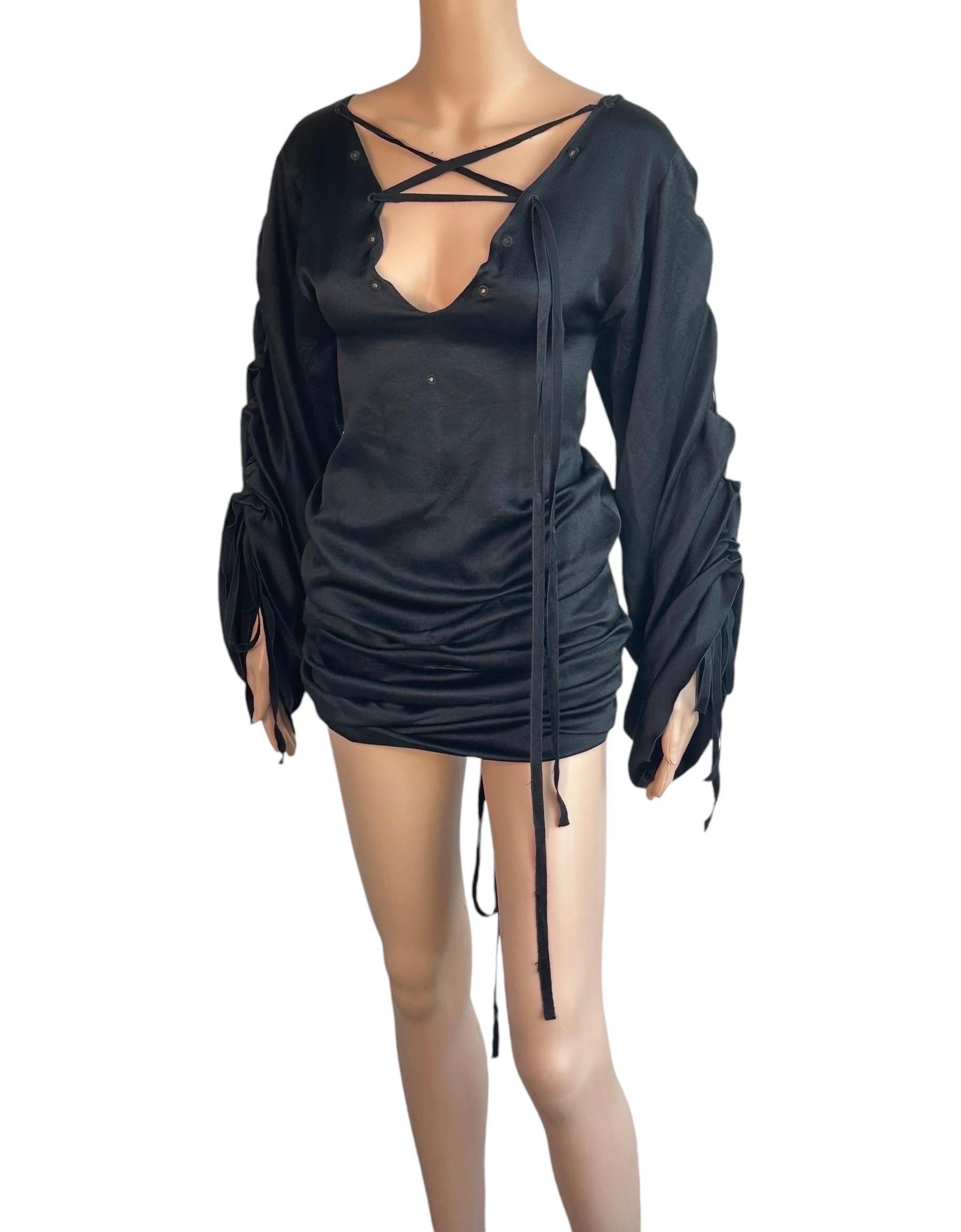 Tom Ford for Gucci F/W 2002 Runway Lace Up Ruched Black Silk Mini Dress For Sale 6