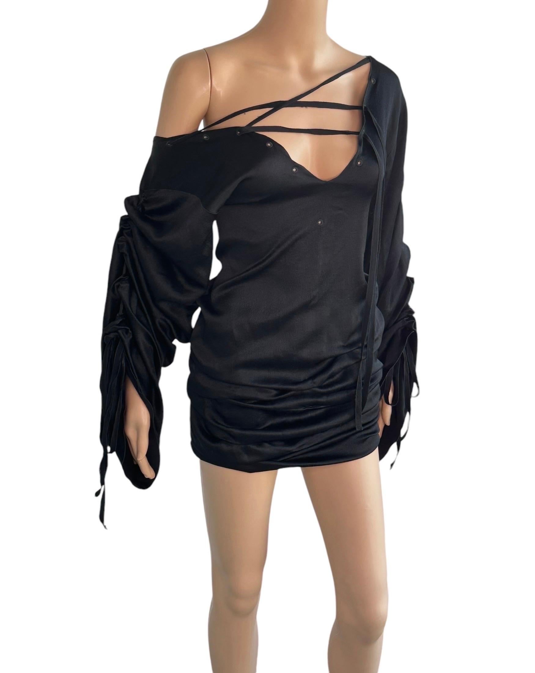 Tom Ford for Gucci F/W 2002 Runway Lace Up Ruched Black Silk Mini Dress For Sale 7