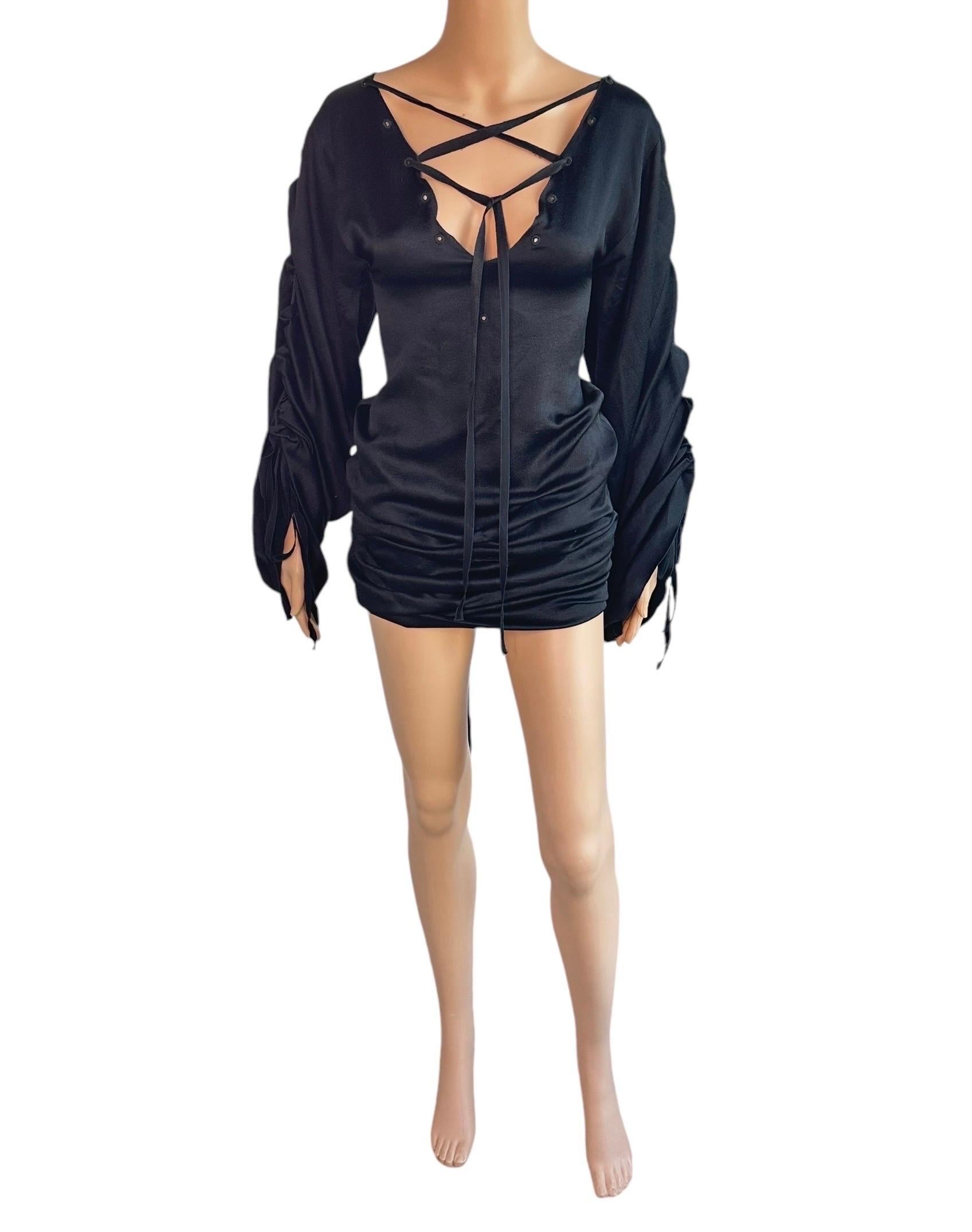 Tom Ford for Gucci F/W 2002 Runway Lace Up Ruched Black Silk Mini Dress For Sale 9