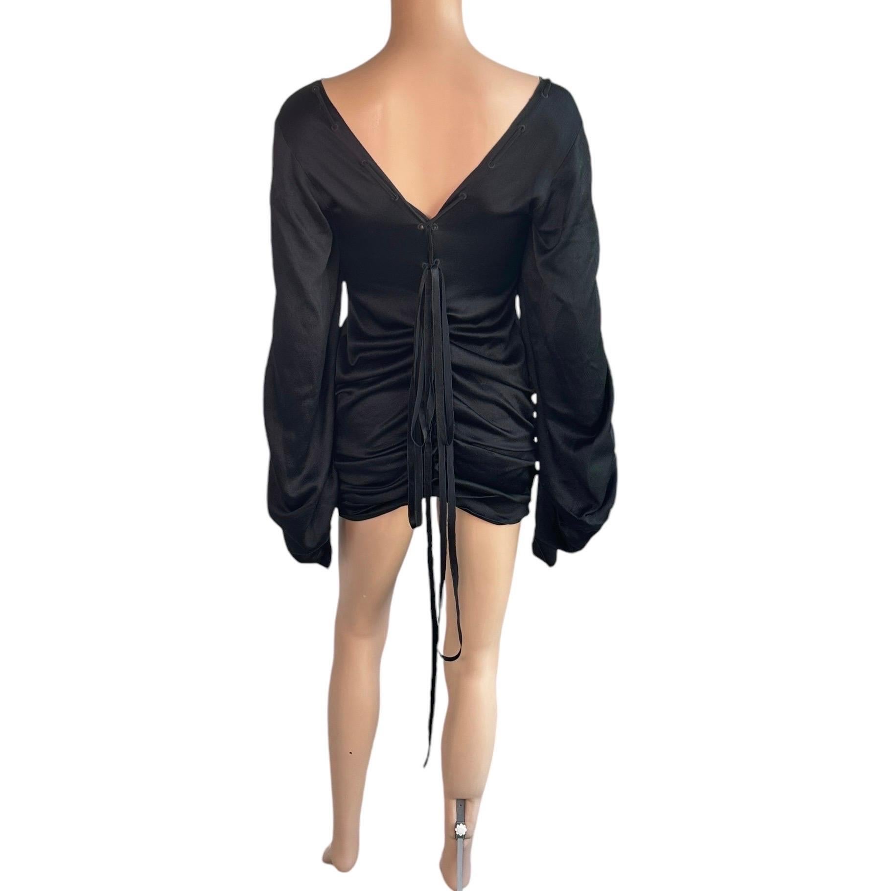 Tom Ford for Gucci F/W 2002 Runway Lace Up Ruched Black Silk Mini Dress For Sale 10
