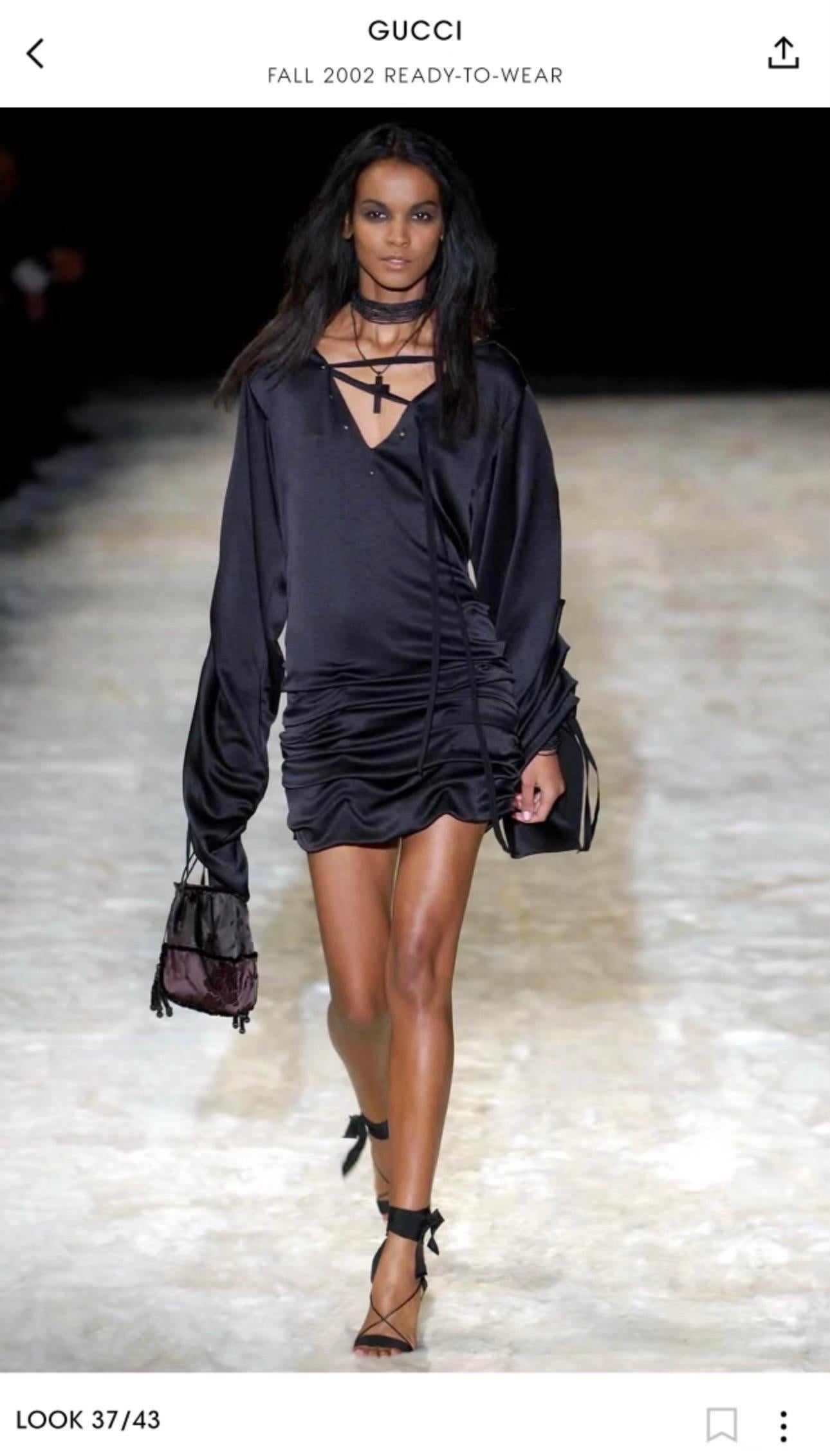 Tom Ford for Gucci F/W 2002 Runway Lace Up Ruched Black Silk Mini Dress For Sale 15