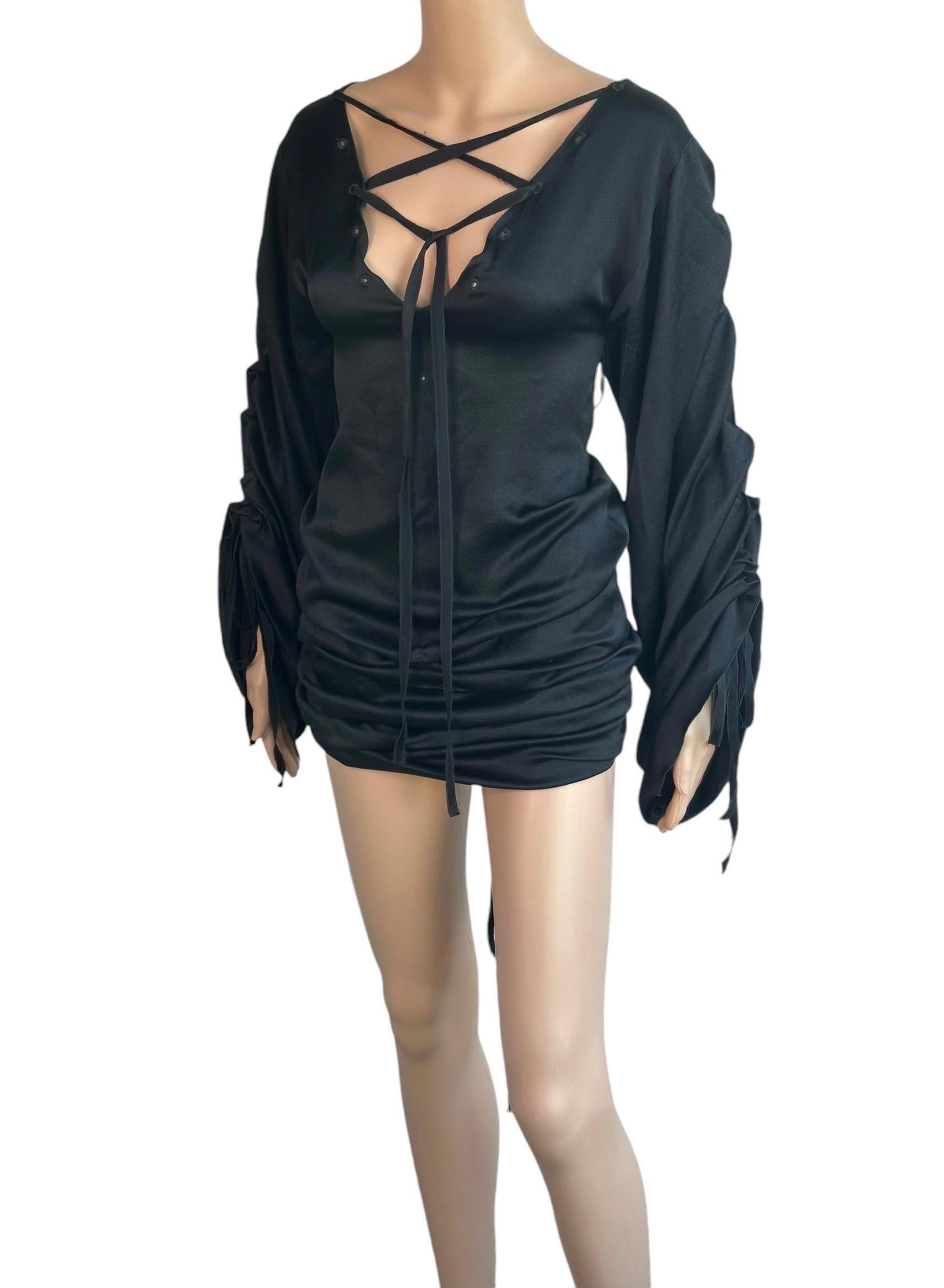 Tom Ford for Gucci F/W 2002 Runway Lace Up Ruched Black Silk Mini Dress In Excellent Condition For Sale In Naples, FL