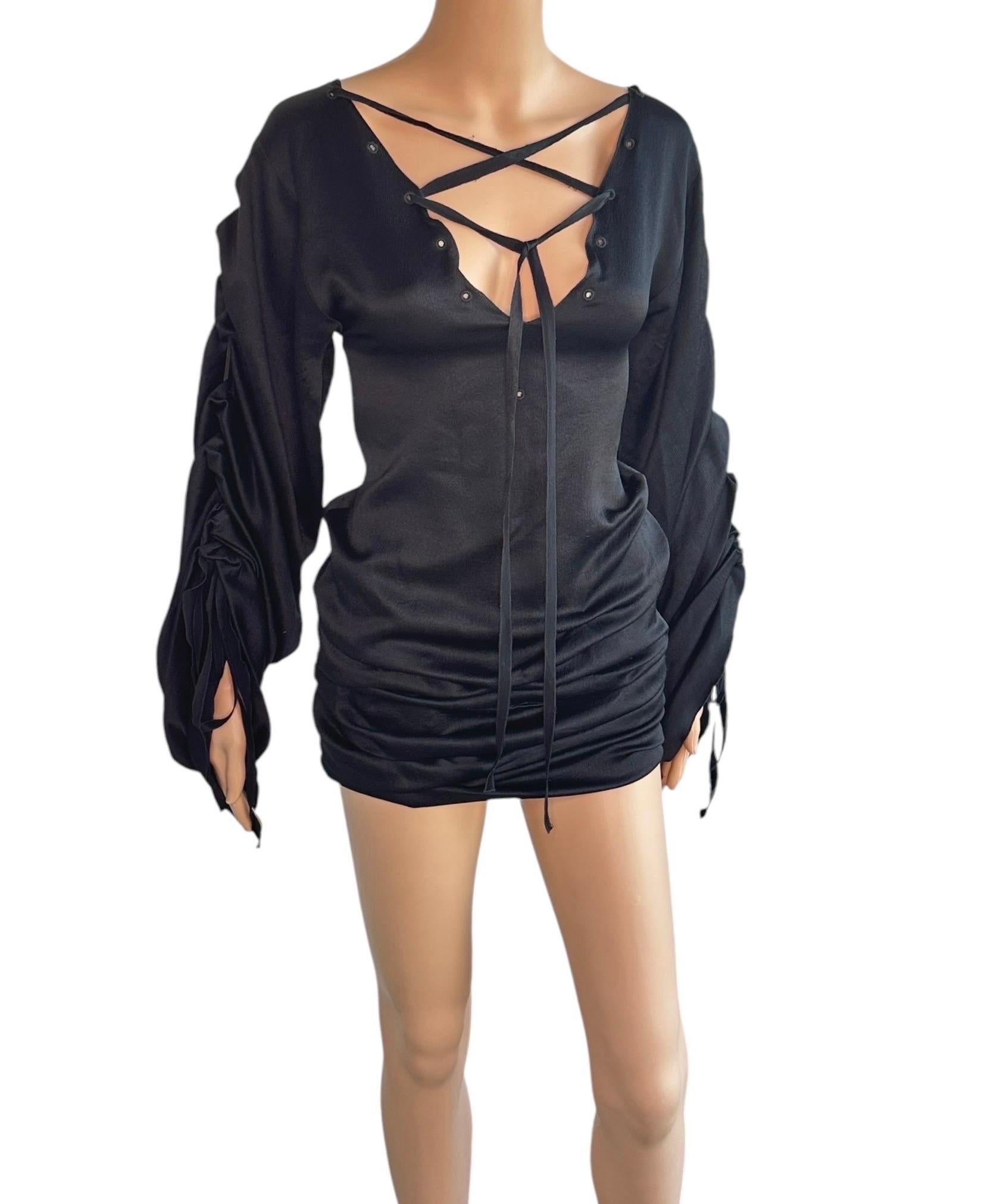 Tom Ford for Gucci F/W 2002 Runway Lace Up Ruched Black Silk Mini Dress For Sale 1