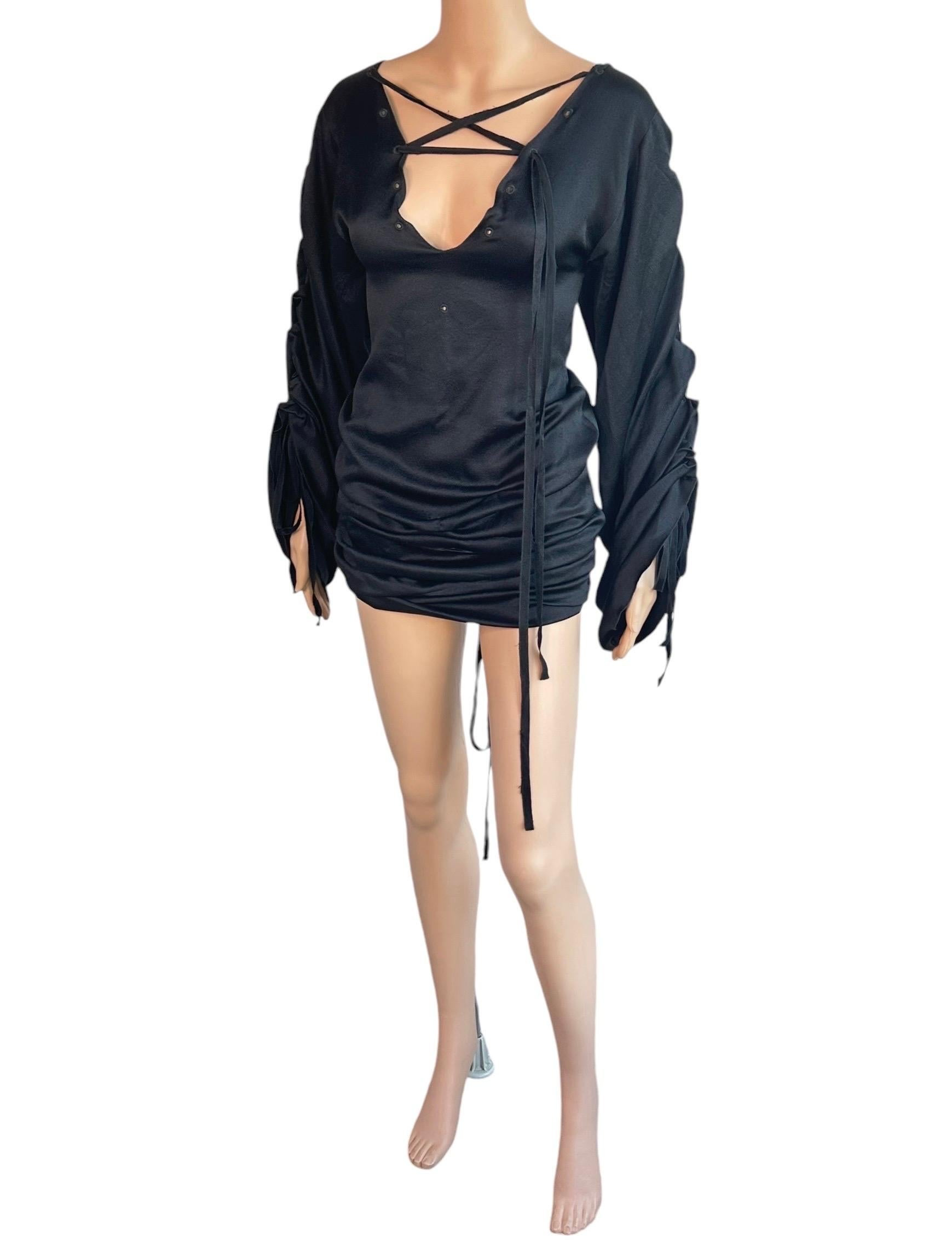 Tom Ford for Gucci F/W 2002 Runway Lace Up Ruched Black Silk Mini Dress For Sale 2