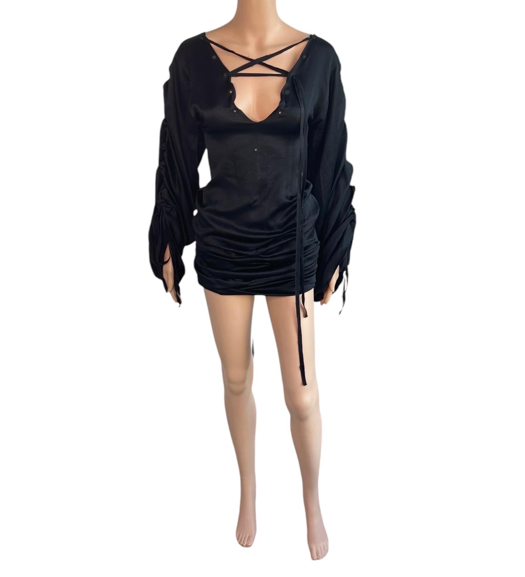 Tom Ford for Gucci F/W 2002 Runway Lace Up Ruched Black Silk Mini Dress For Sale 5