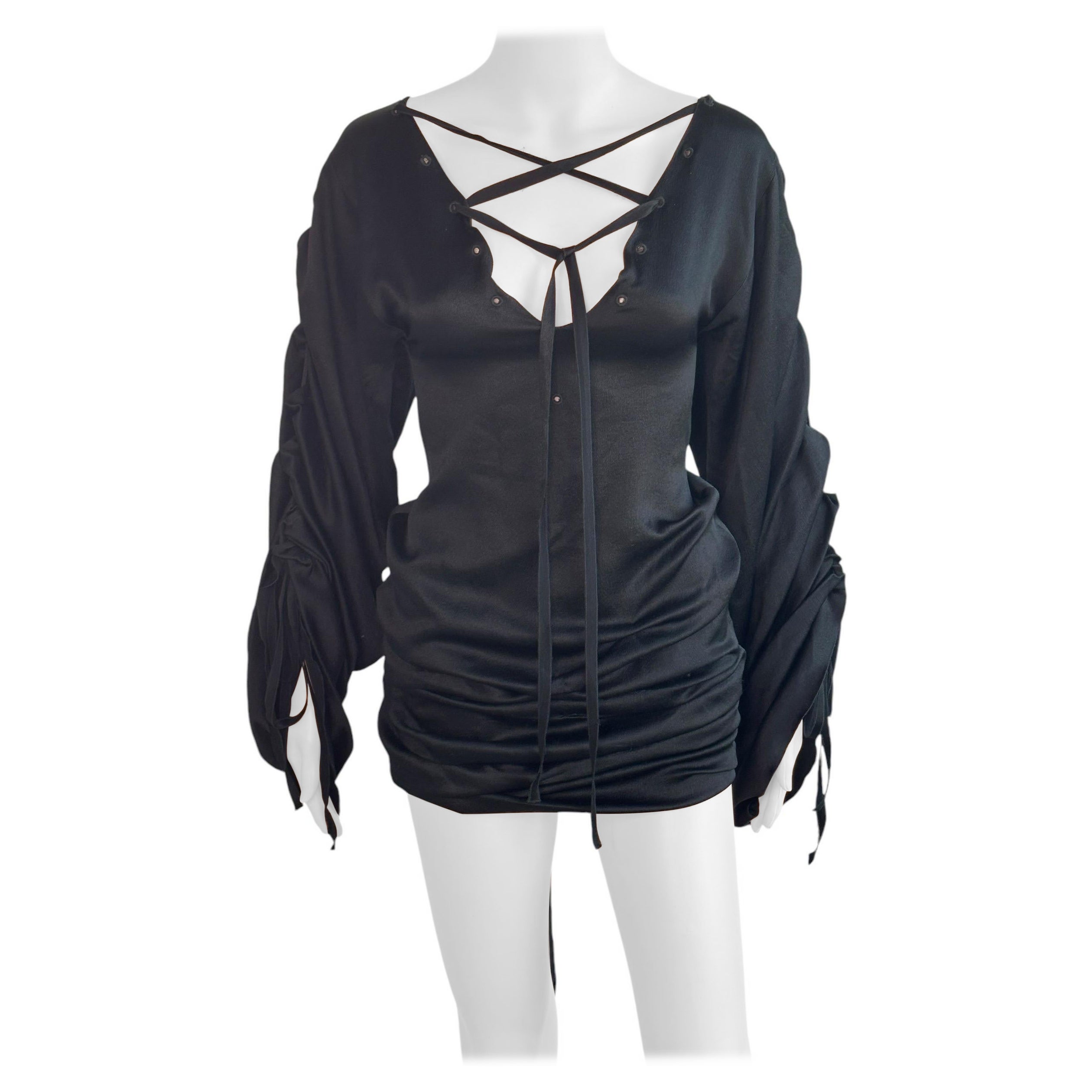 Tom Ford for Gucci F/W 2002 Runway Lace Up Ruched Black Silk Mini Dress