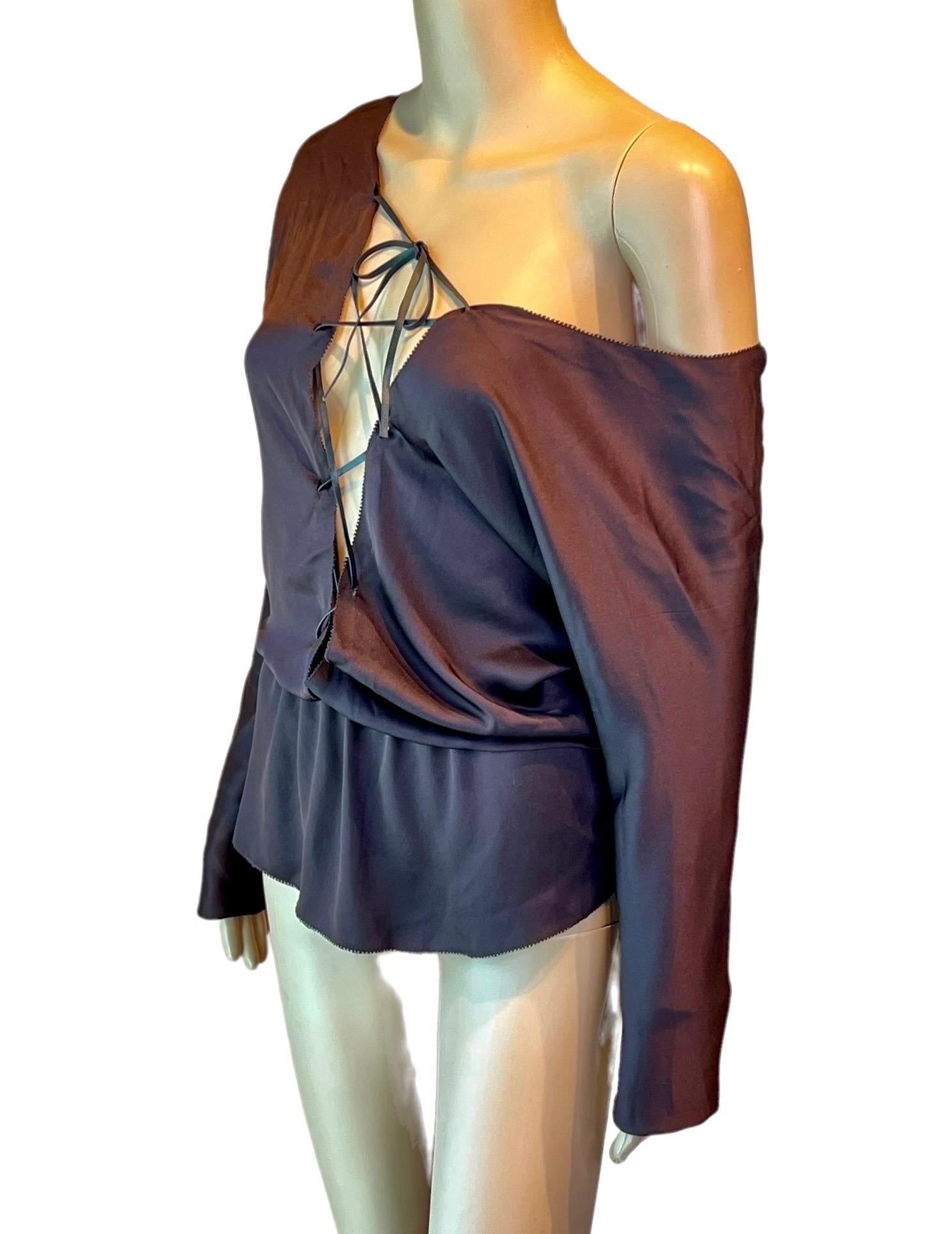 Tom Ford for Gucci F/W 2002 Runway Plunging Silk Lace-Up Brown Blouse Top For Sale 4