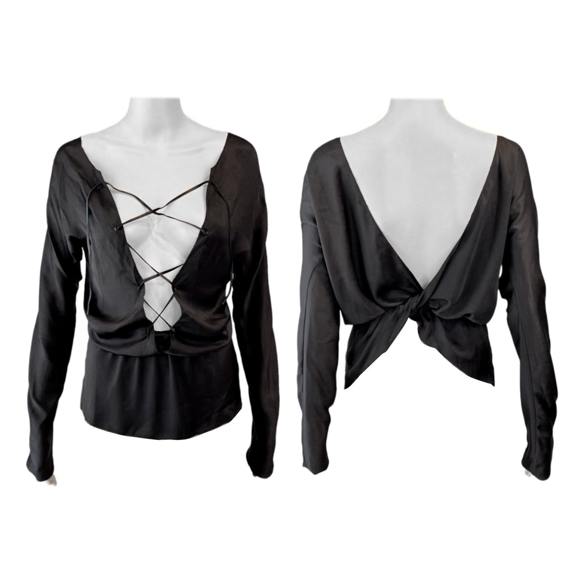 Tom Ford for Gucci Pasarela F/W 2002 Blusa de seda con cordones y escote en pico, marrón