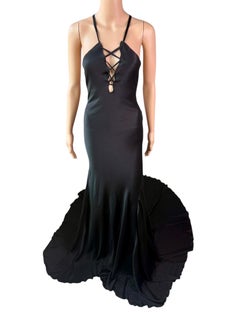 Tom Ford for Gucci F/W 2002 Runway Unworn Lace Up Train Black Silk Evening Dress