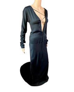 Tom Ford for Gucci F/W 2002 Runway Unworn Lace Up Train Black Silk Evening Dress