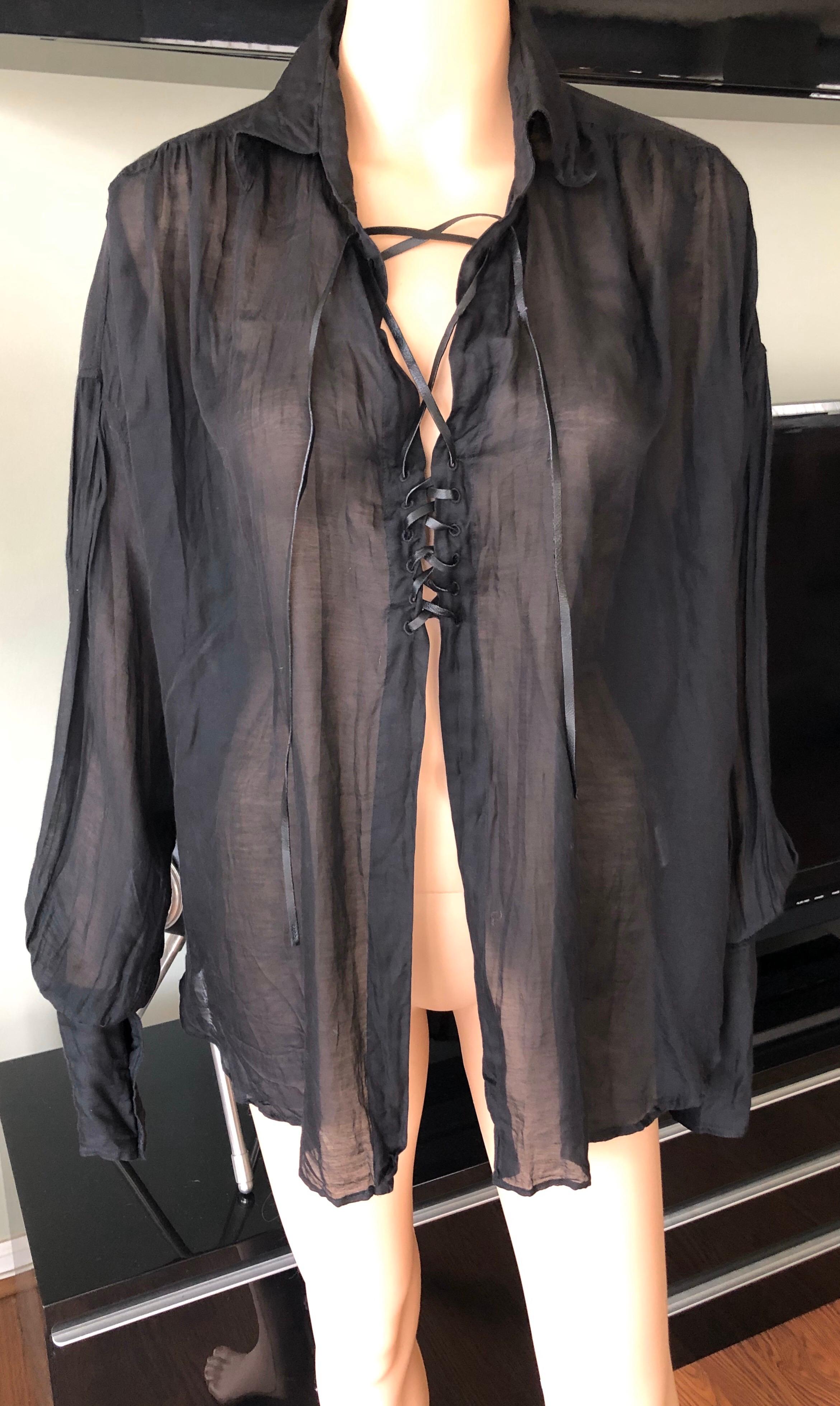Tom Ford for Gucci F/W 2002 Sheer Plunging Lace-Up Black Tunic Shirt Blouse Top IT 40