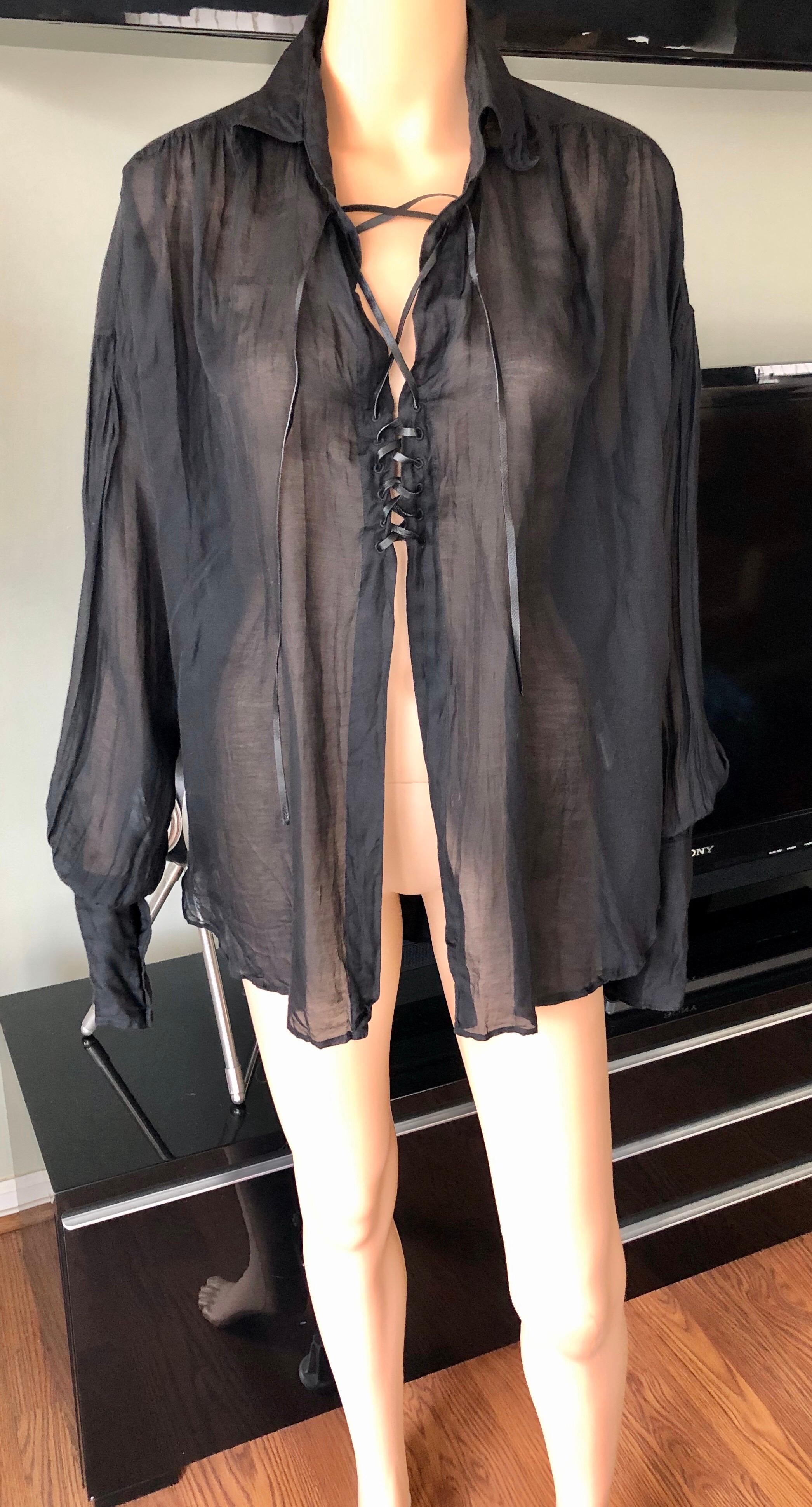 Tom Ford for Gucci F/W 2002 Sheer Plunging Lace-Up Black Tunic Shirt ...