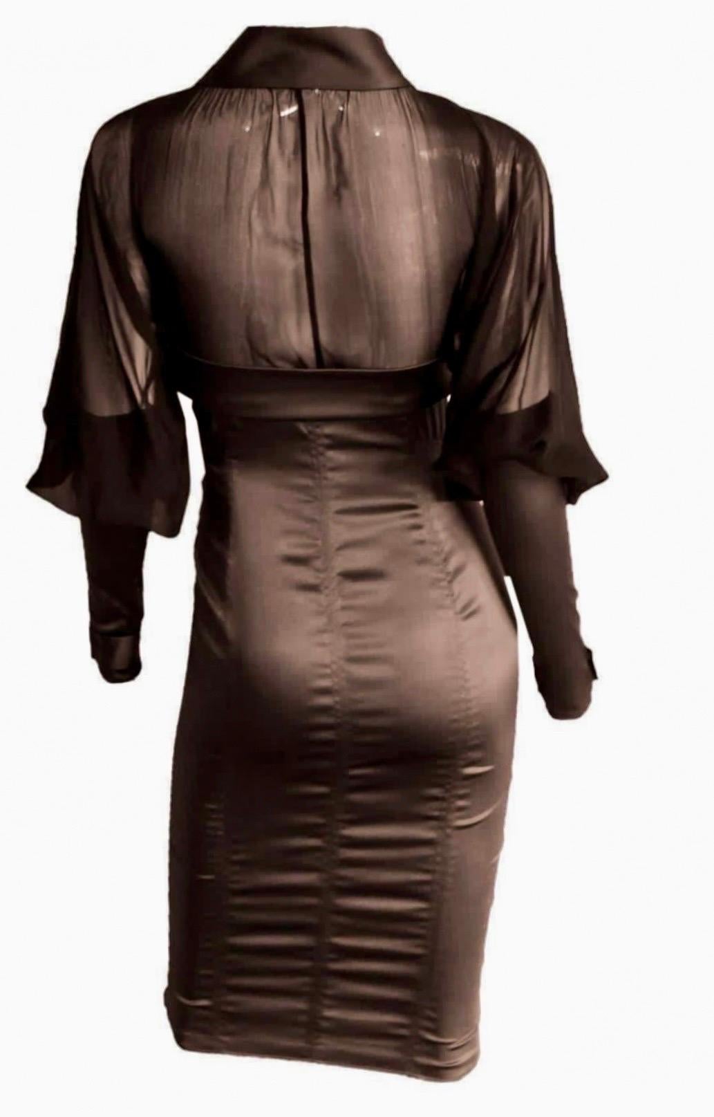 Tom Ford for Gucci F/W 2003 Bodycon Sheer Silk Brown Midi Dress IT 42
