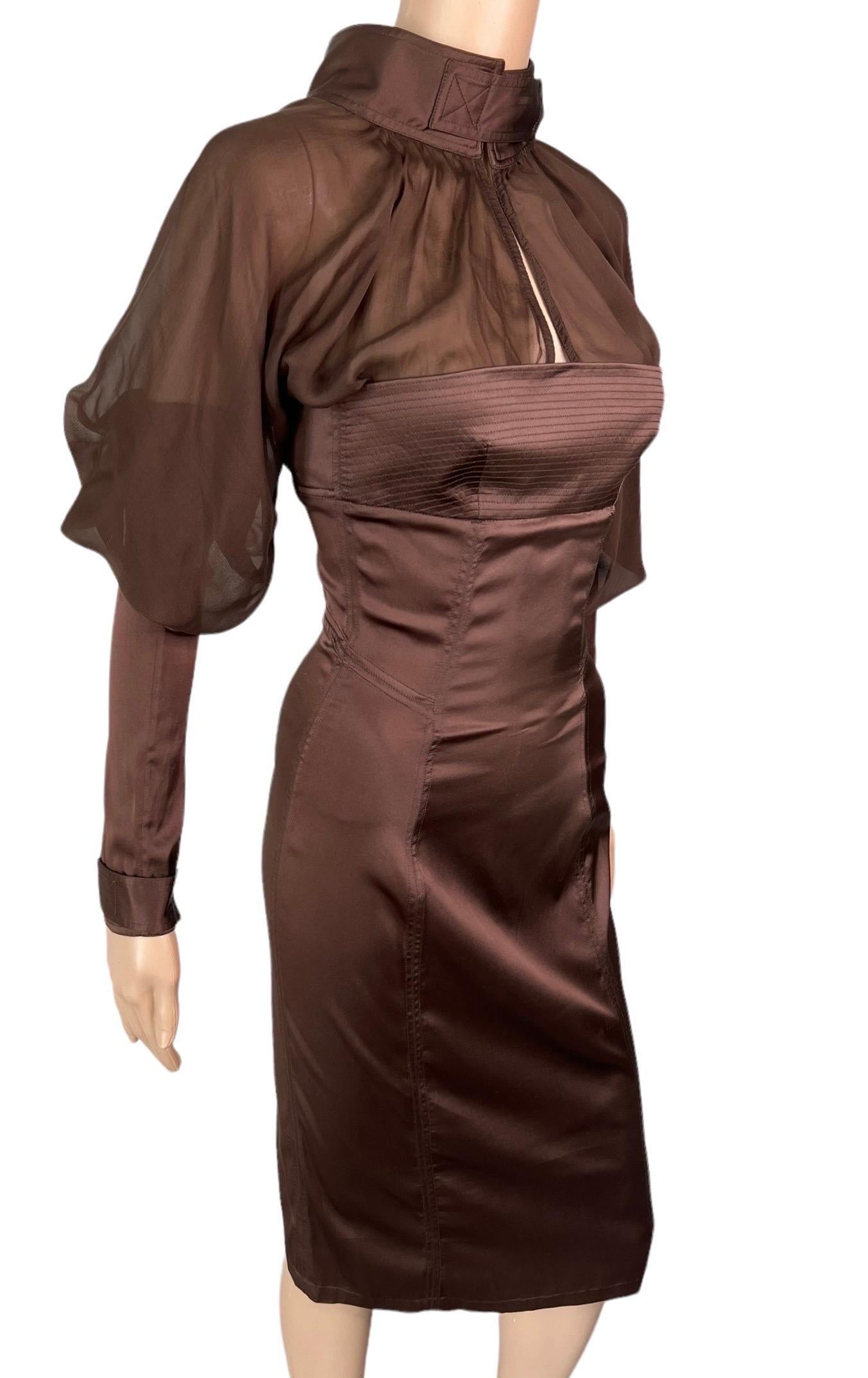 Women's or Men's Tom Ford for Gucci F/W 2003 Bodycon Sheer Silk Brown Midi Dress