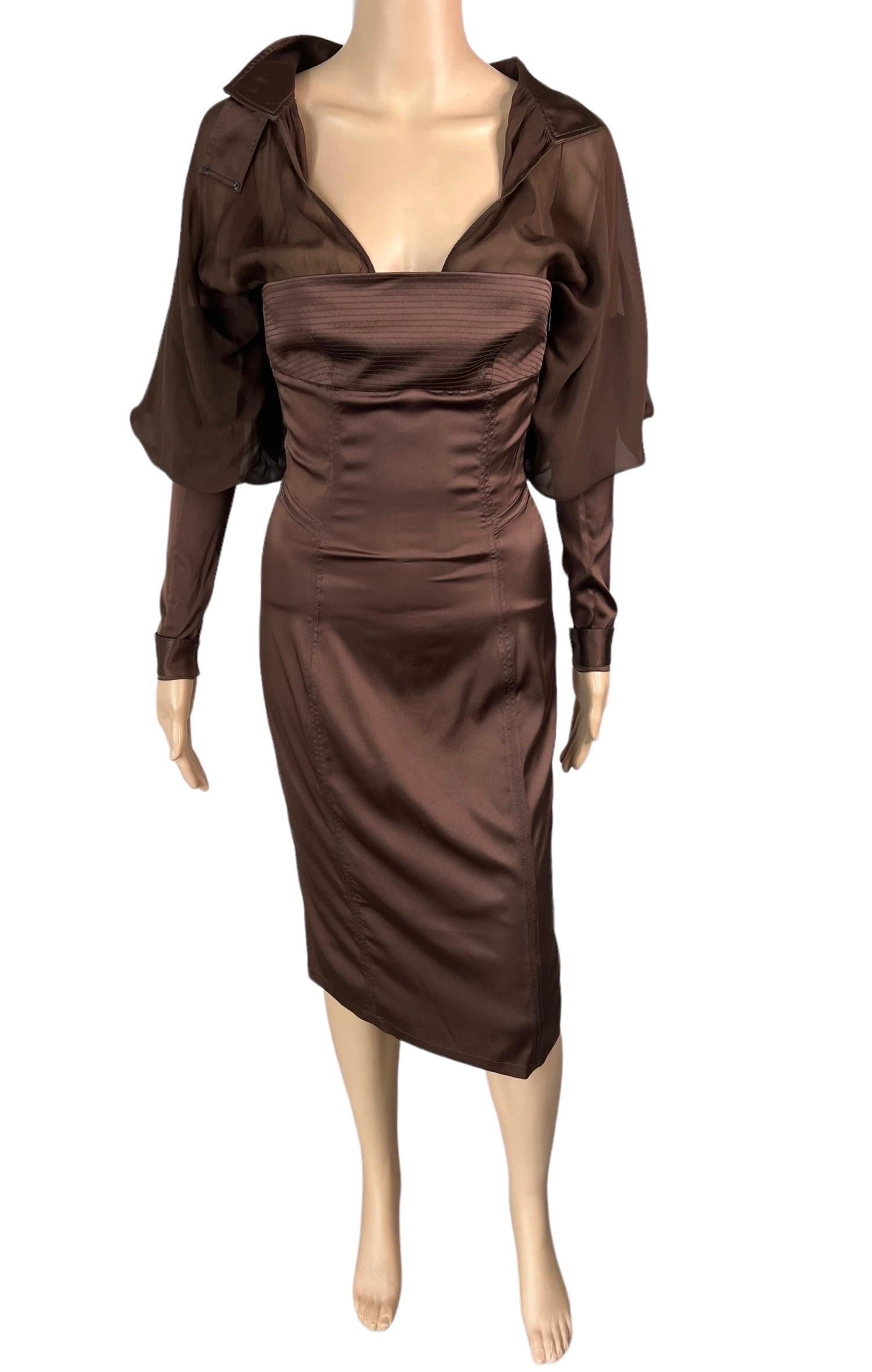 Tom Ford for Gucci F/W 2003 Bodycon Sheer Silk Brown Midi Dress 1