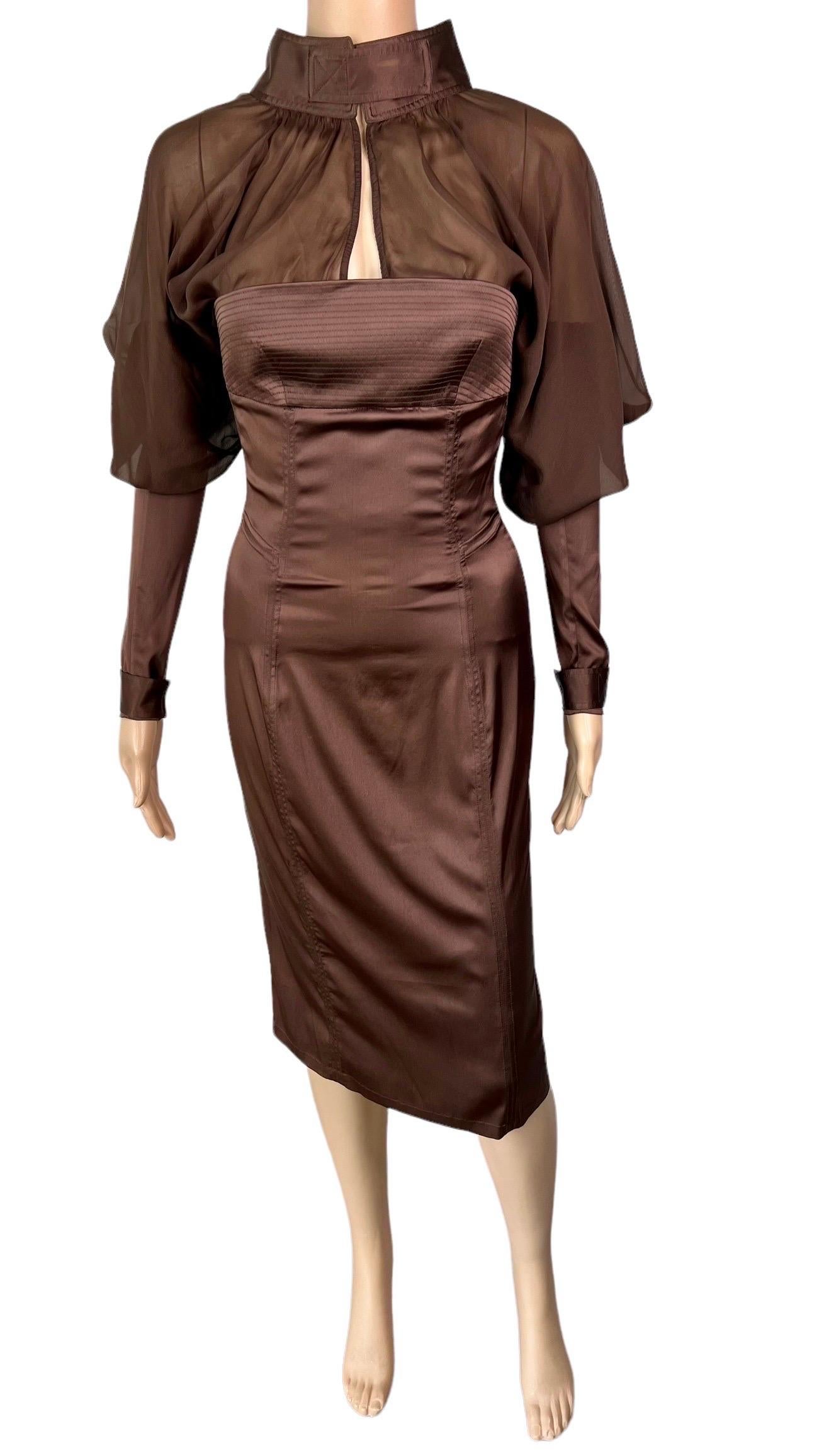 Tom Ford for Gucci F/W 2003 Bodycon Sheer Silk Brown Midi Dress 3