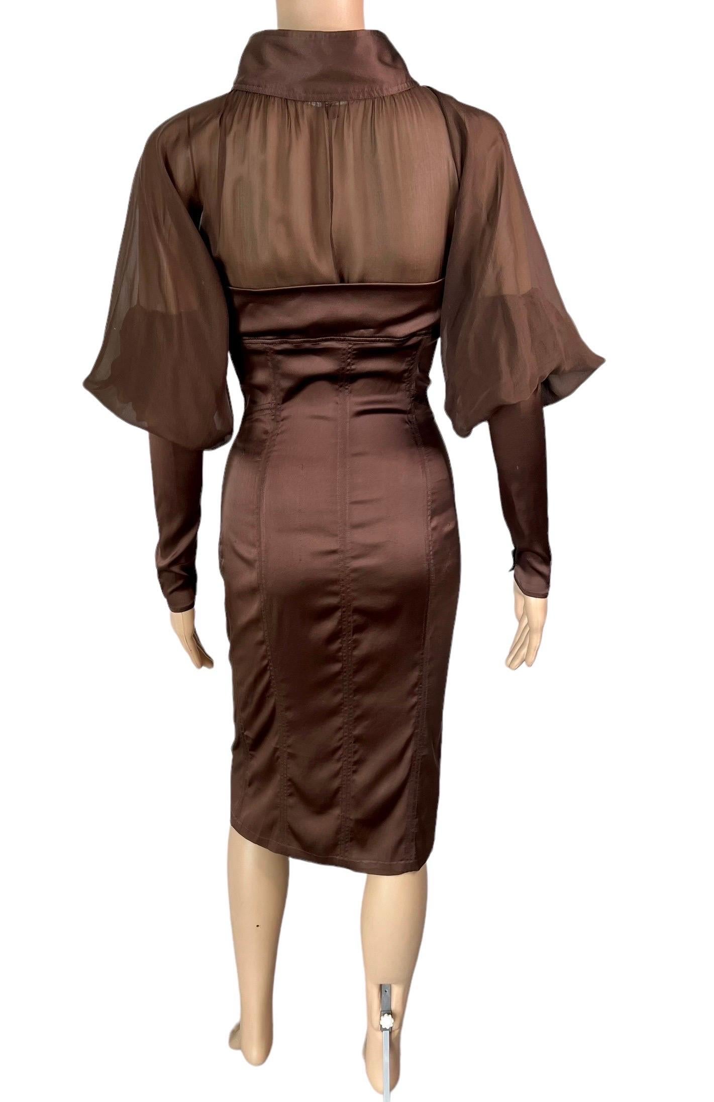 Tom Ford for Gucci F/W 2003 Bodycon Sheer Silk Brown Midi Dress 4