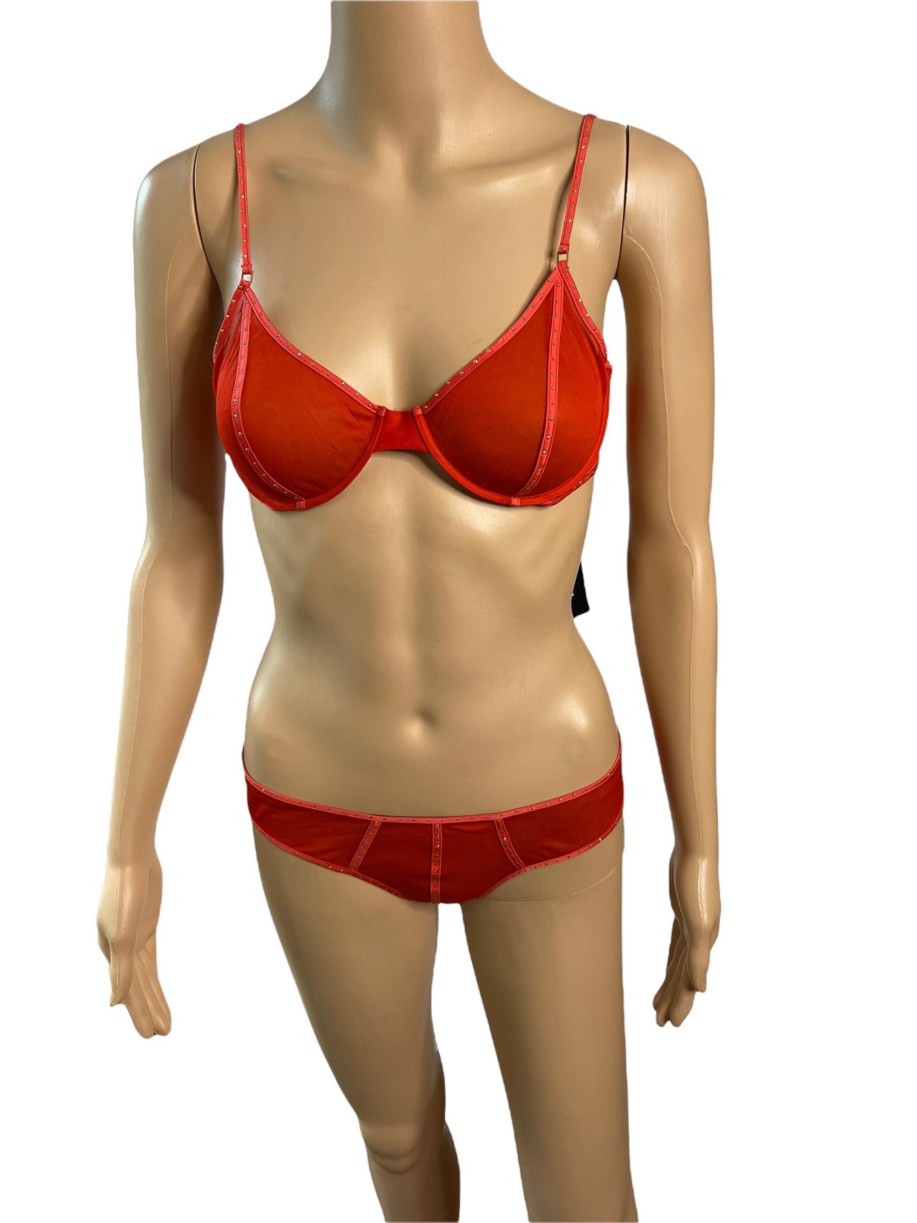 Tom Ford for Gucci F/W 2003 Bondage Studded Sheer Red Bra & Panty Lingerie 2 Piece Set Size M

Please note this set hasn't been worn, however due to storage and time it has pulling throughout and a few pin sized holes as seen in the last three