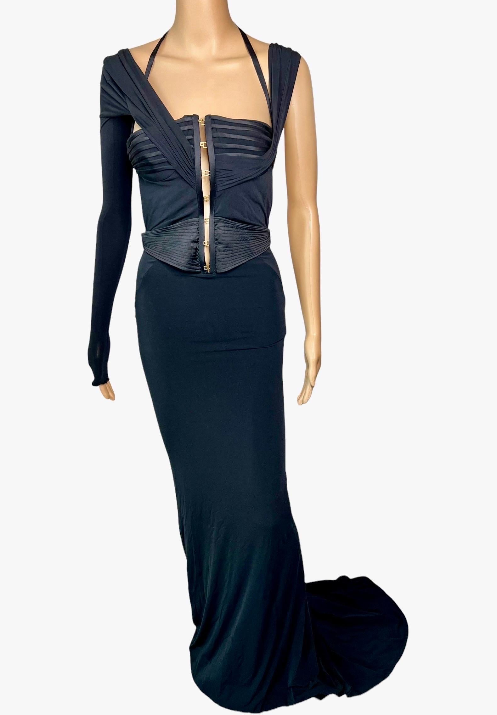 Tom Ford for Gucci F/W 2003 Bustier Corset Cutout One Sleeve Train Black Evening Dress Gown IT 42



