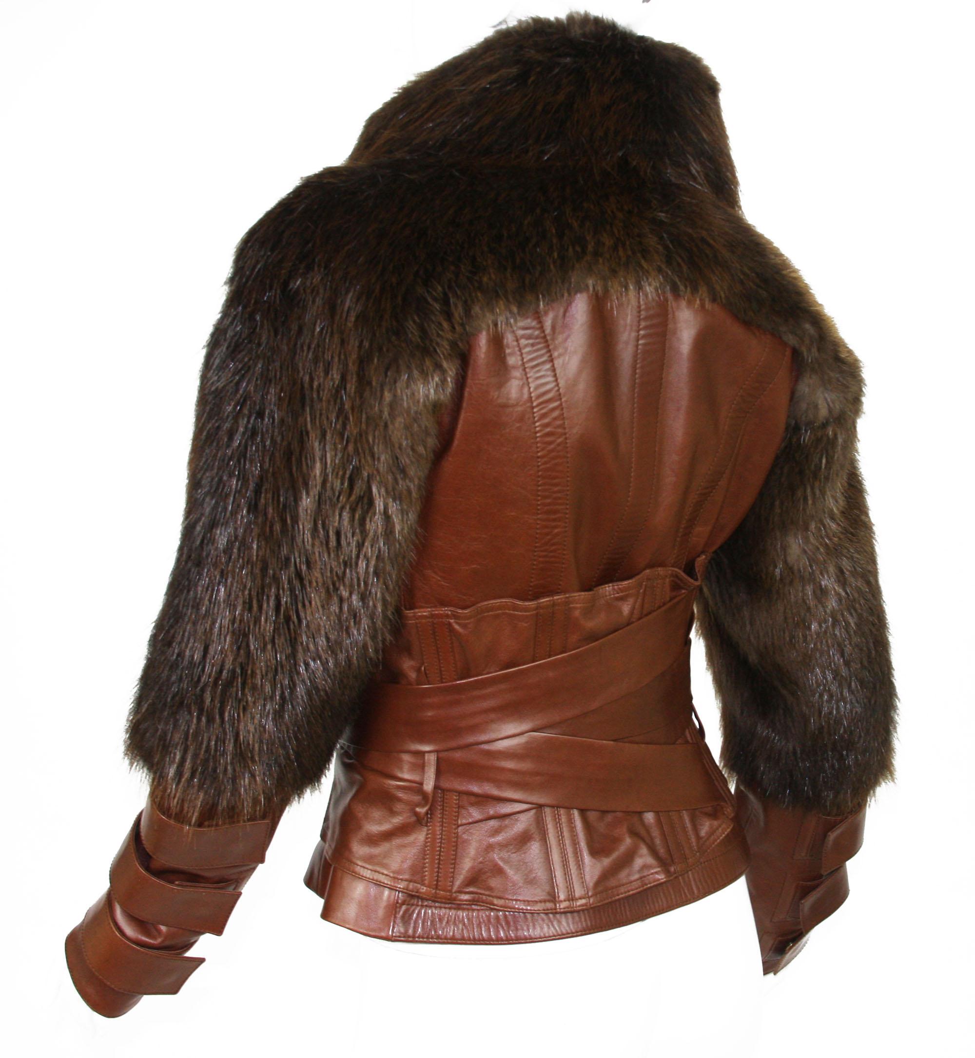 Brown Tom Ford for Gucci F/W 2003 Cognac Color Leather Fur Corset Jacket  38 For Sale